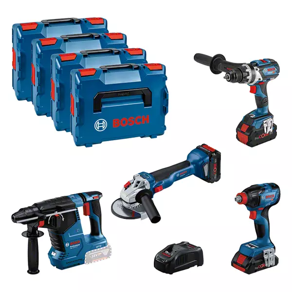 Kit combiné Bosch 4 outils 18 V : GSR 18V-110C + GDX 18V-210C + GWS 18V-10 + GBH 18V-24C + 1 batterie 4,0 Ah (Procore) + 2 batteries 5,5 Ah (Procore) + GAL 1880CV (L)Professionnel