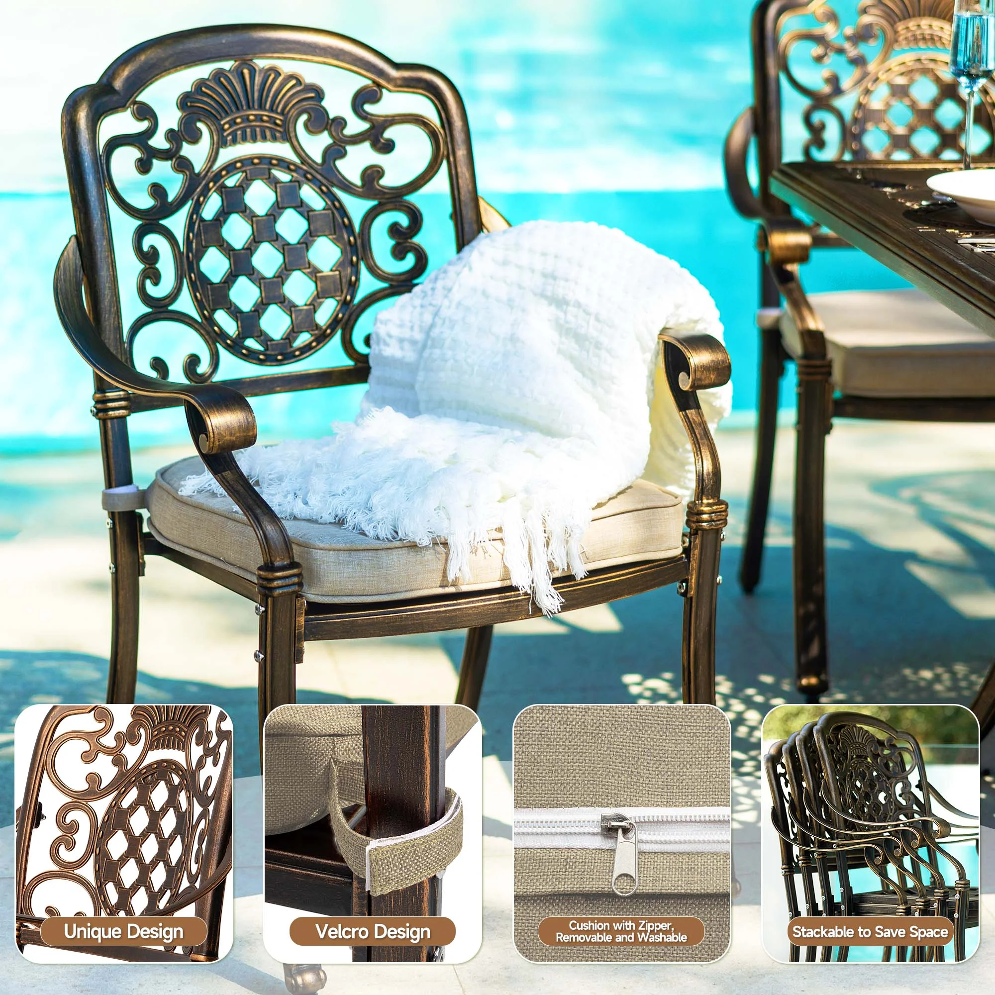 7-Piece Patio Furniture Dining Set, All-Weather Cast Aluminum Outdoor Table and Chairs for 6, Includes 4 Dining Chair 2 Swivel Chairs 60���� Rectangular Table, Beige(6/Beige/Fixed+Swivel) - Image 6