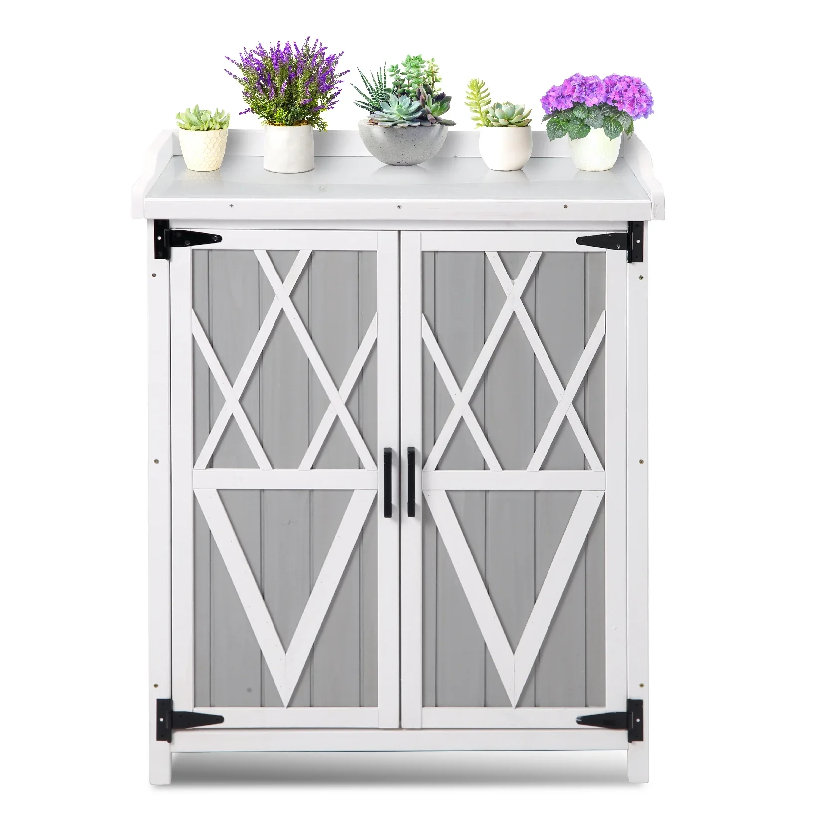 AOILE Potting Bench Outdoor Cabinet with Metal Tabletop Wooden Storage Cabinets Weatherproof for Outside Planting Work Benches with Adjustable Shelf and Doors for Garden Patio Lawn
