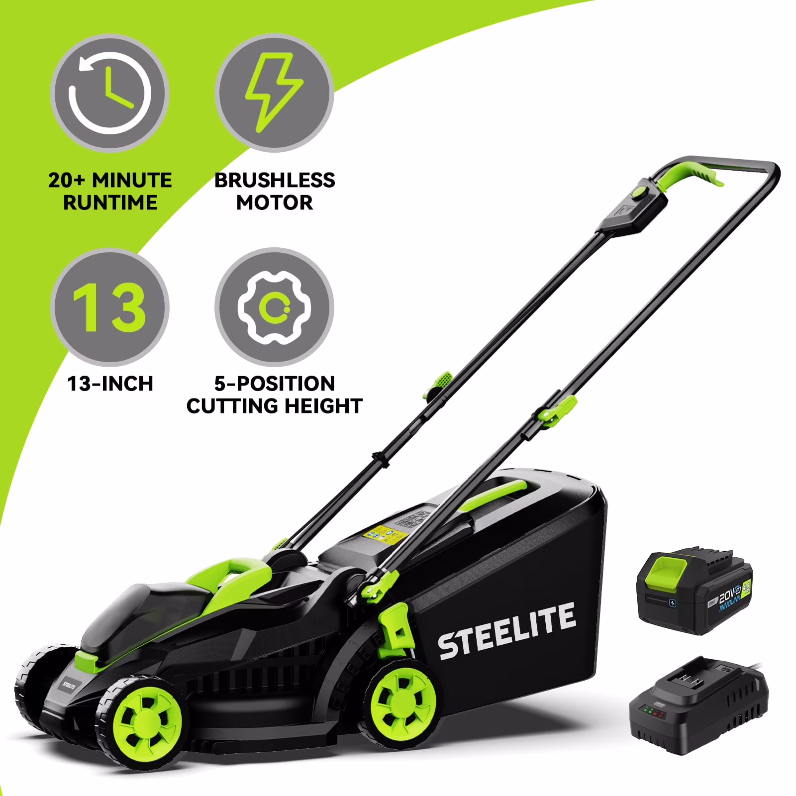 Steelite 13 - Inch Cordless Lawn Mower, 21V Electric Lawn Mowers with Brushless Motor for Garden, 5 Heights Adjustment, 4.0ah Battery & Charger Included