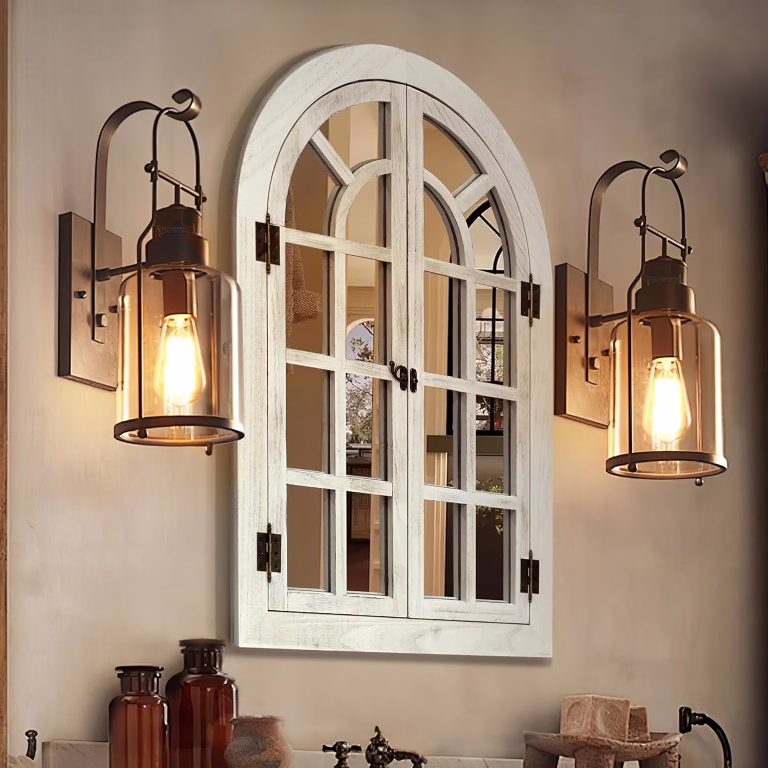 Window Mirrors for Wall Decor White Arched Wall Mirror Farmhouse Wall Decor Wood Frame Decorative Wall Mirrors Like Window for Bedroom, Living Room, Entrance, Dining Room(24"L x 36"W/White)