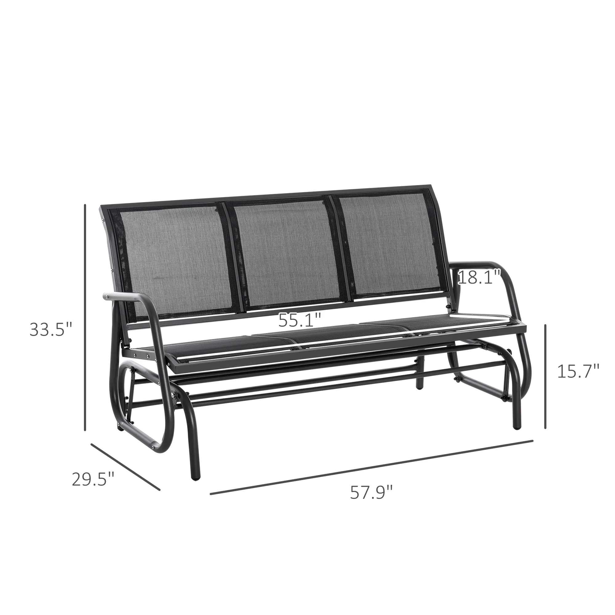 Patio Glider Bench, Outdoor Porch Glider Swing with 3 Seats, Breathable Mesh Fabric, Metal Frame, Black(Black) Image 7