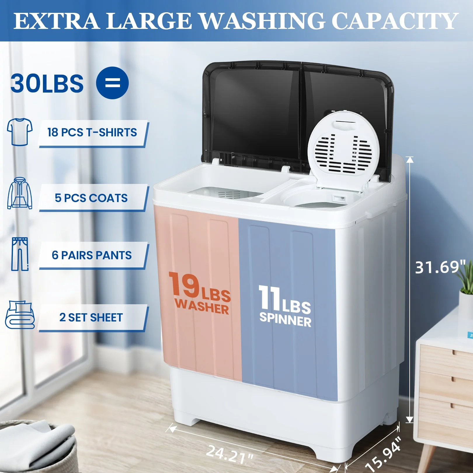 Portable Washing Machine, 30LBS Twin Tub Mini Compact Laundry 19lbs Washer/11lbs Spinner with Drain Pump Time Control Washer Spinner Combo, White(30LBS White) Image 9