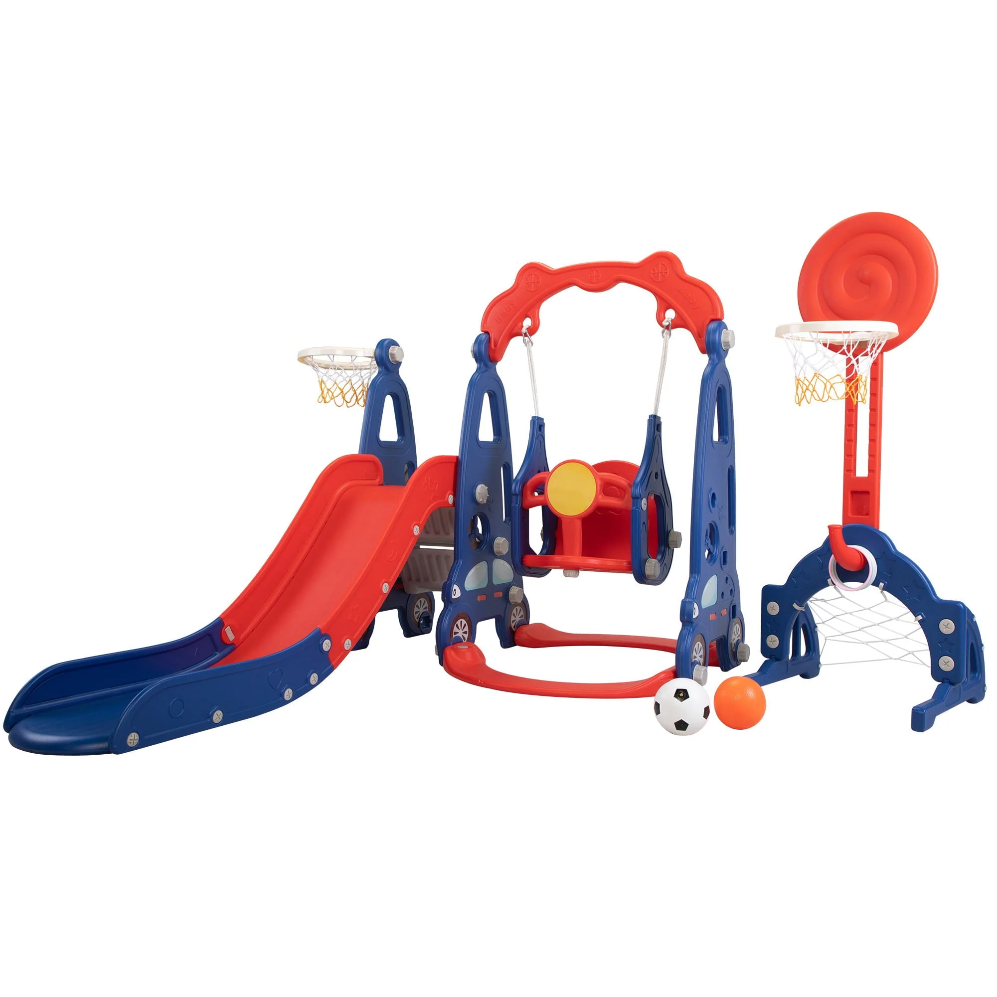 Kids-gift! 5 in 1 Slide and Swing Playing Set, Toddler Extra-Long Slide with 2 Basketball Hoops, Football, Ringtoss, Indoor Outdoor - Image 6
