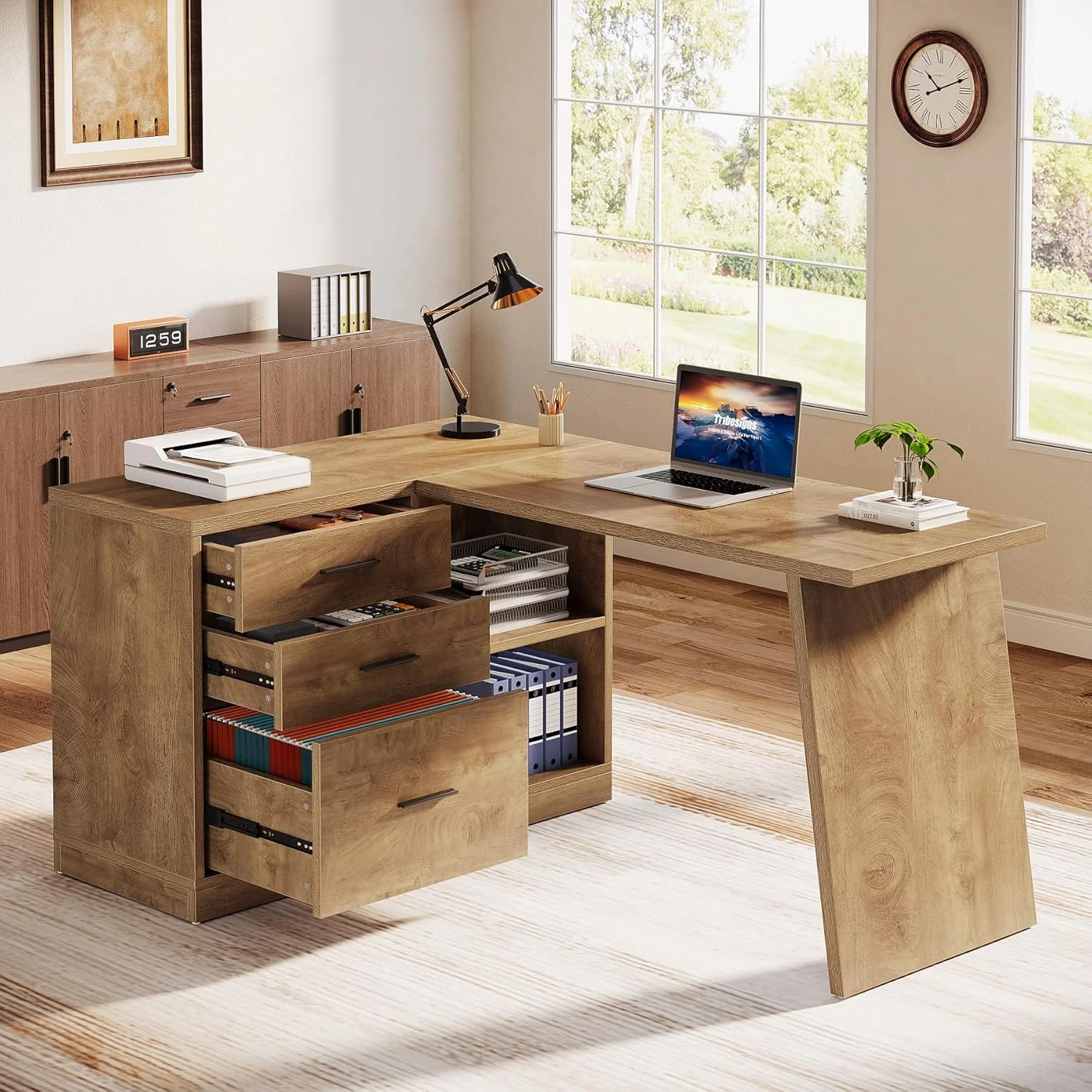 55-Inch L Shaped Computer Desk with 3 Drawers, Corner Home Office Desk with Storage Shelves(Brown) - Image 3