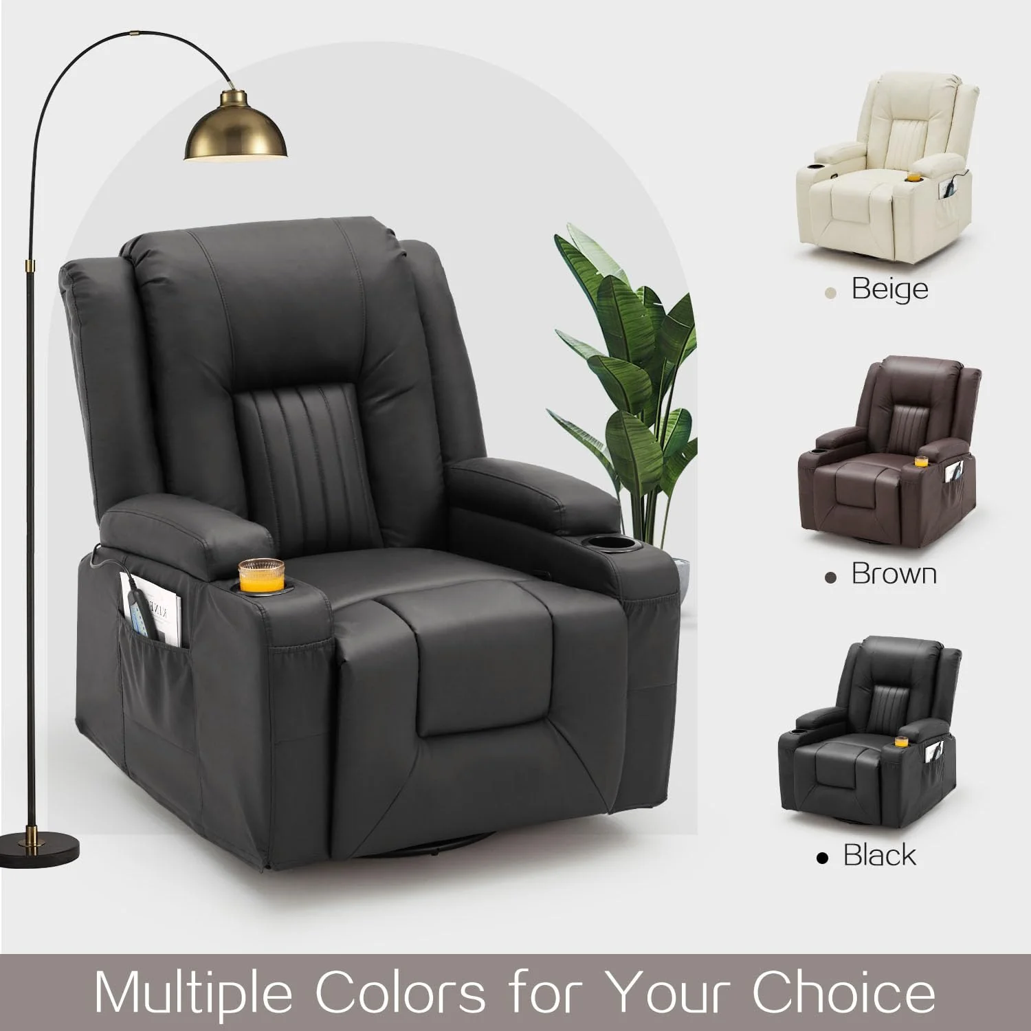 AECOJOY Massage Recliner Manual Chair with Heating & 360° Swivel Rocking Function, Black