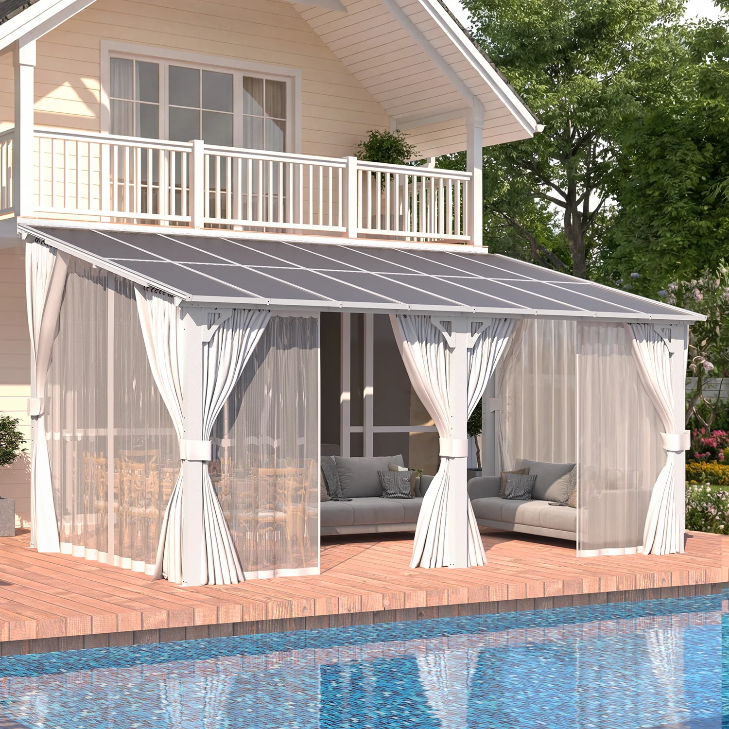 AECOJOY 16'x8' Wall Gazebo with Curtains and Mosquito Netting, White