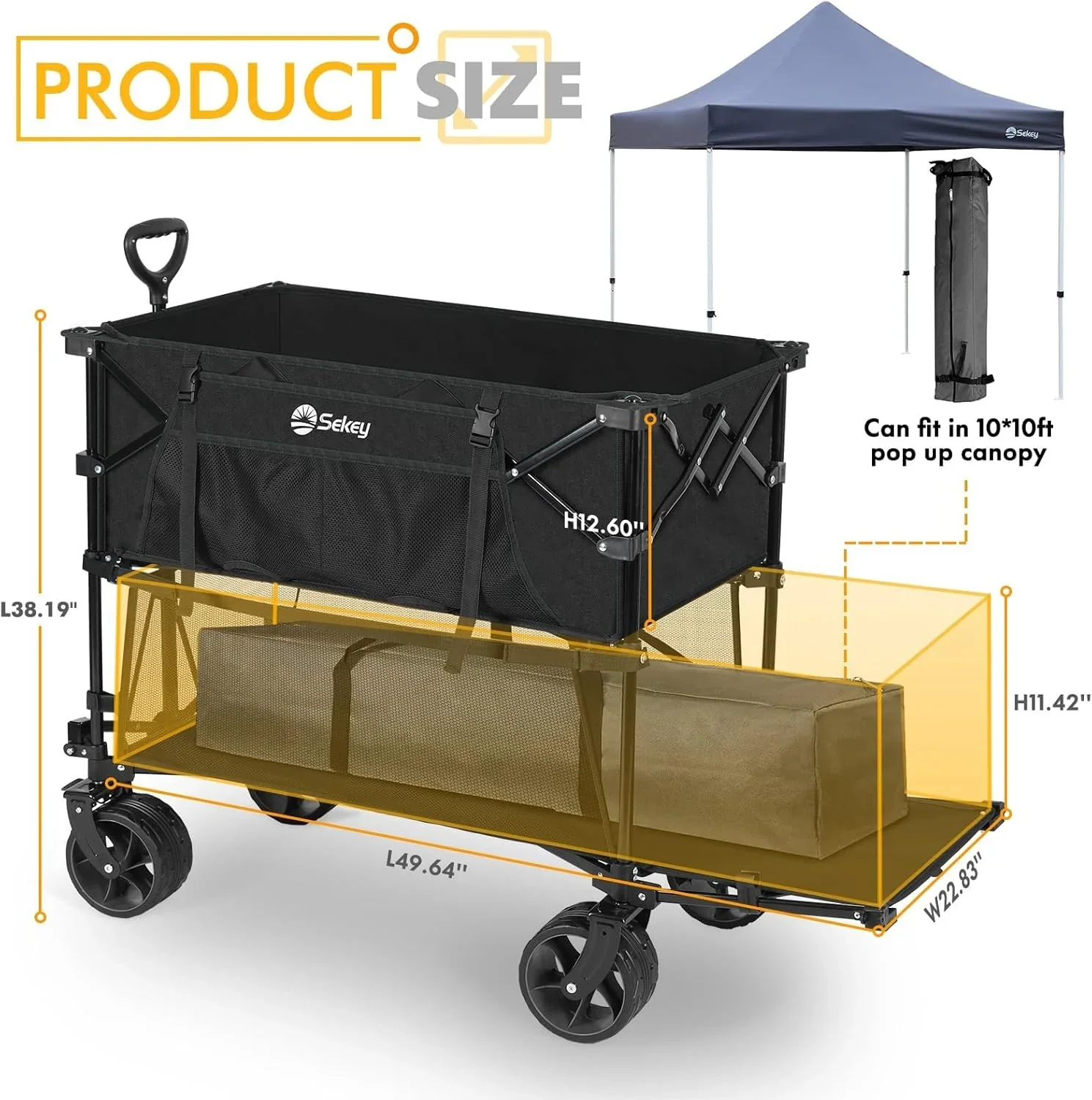Chariot pliant à deux étages grande capacité 400 L avec freins et rallonge extra longue de 50 pouces