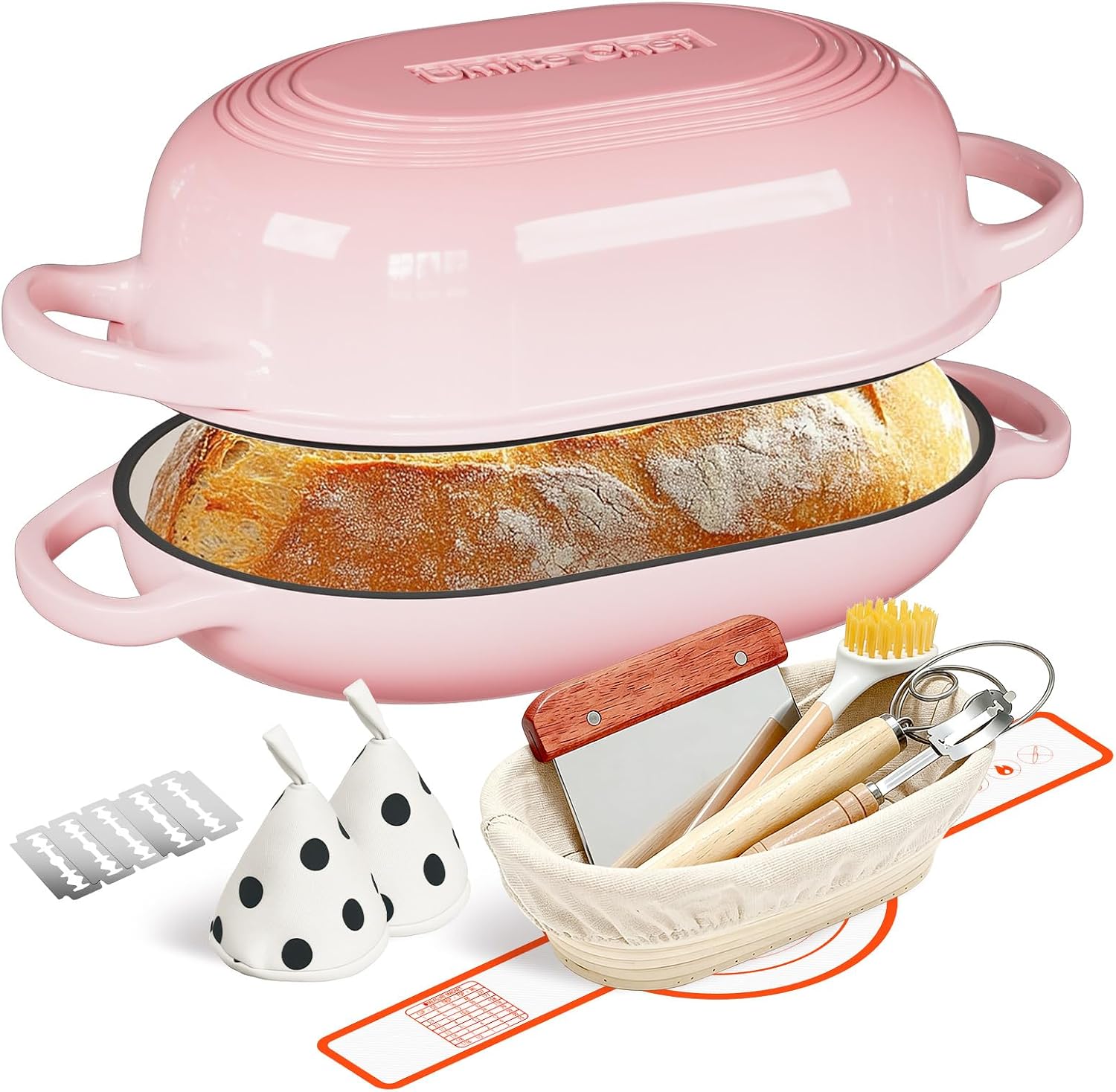 Enameled Cast Iron Sourdough Bread Oven, Dutch Oven for Bread Baking, - incl Sourdough Bread-Baking Supplies like Banneton Bread-Proofing Basket - 5QT Loaf Cast Iron Bread Pan-Making Kit Pan, Pot, Sourdough Tools, Lame (Pink)