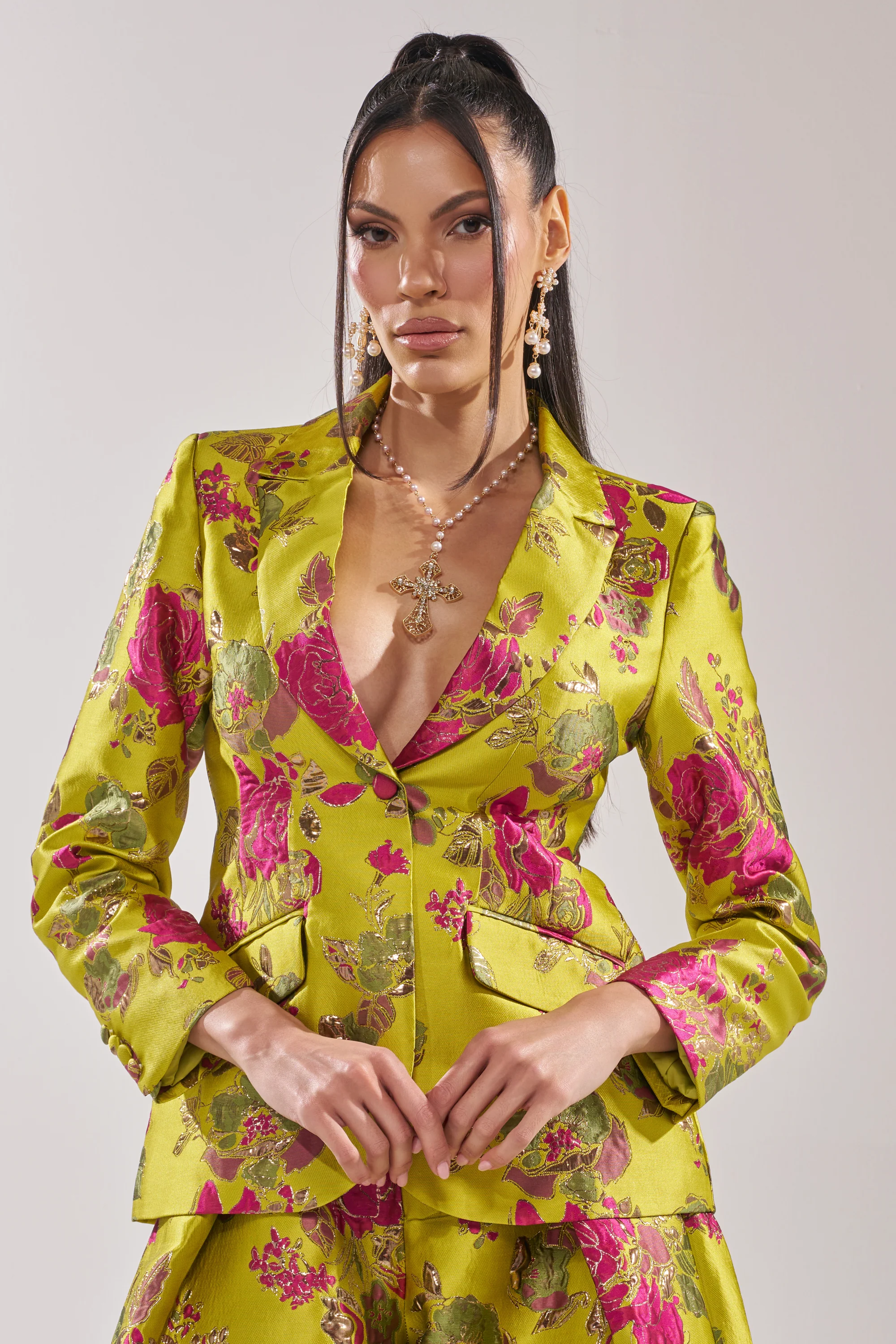 BUY MYSELF FLOWERS BROCADE BLAZER IN LIME - Akira Store