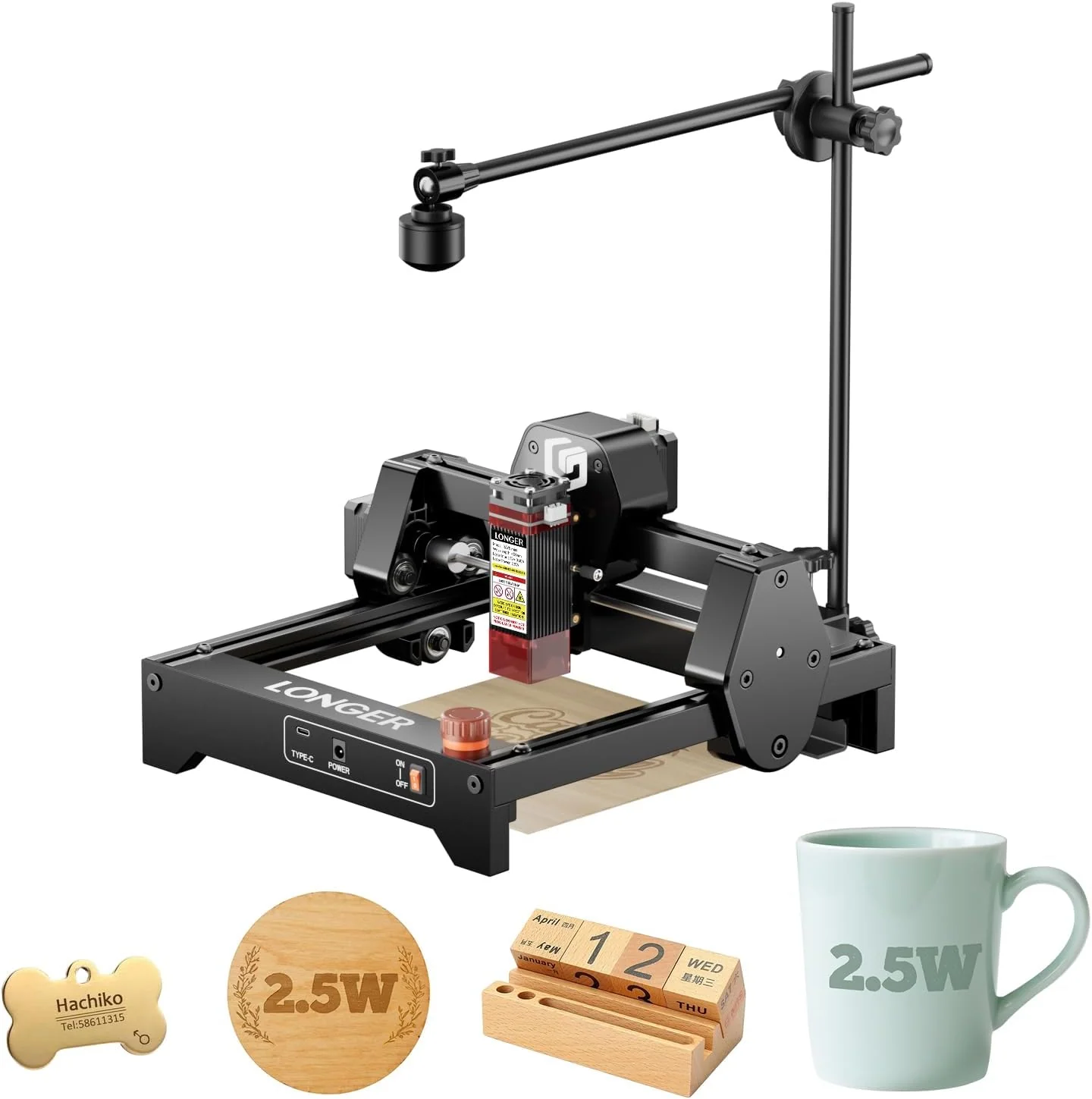 Graveur laser LONGER RAY5 Mini 2,5 W avec kit caméra, découpe haute vitesse 12 000 mm/min pour bois, métal, acrylique, cuir, CNC DIY, zone de gravure 130 x 140 mm, Wi-Fi, arrêt d'urgence.