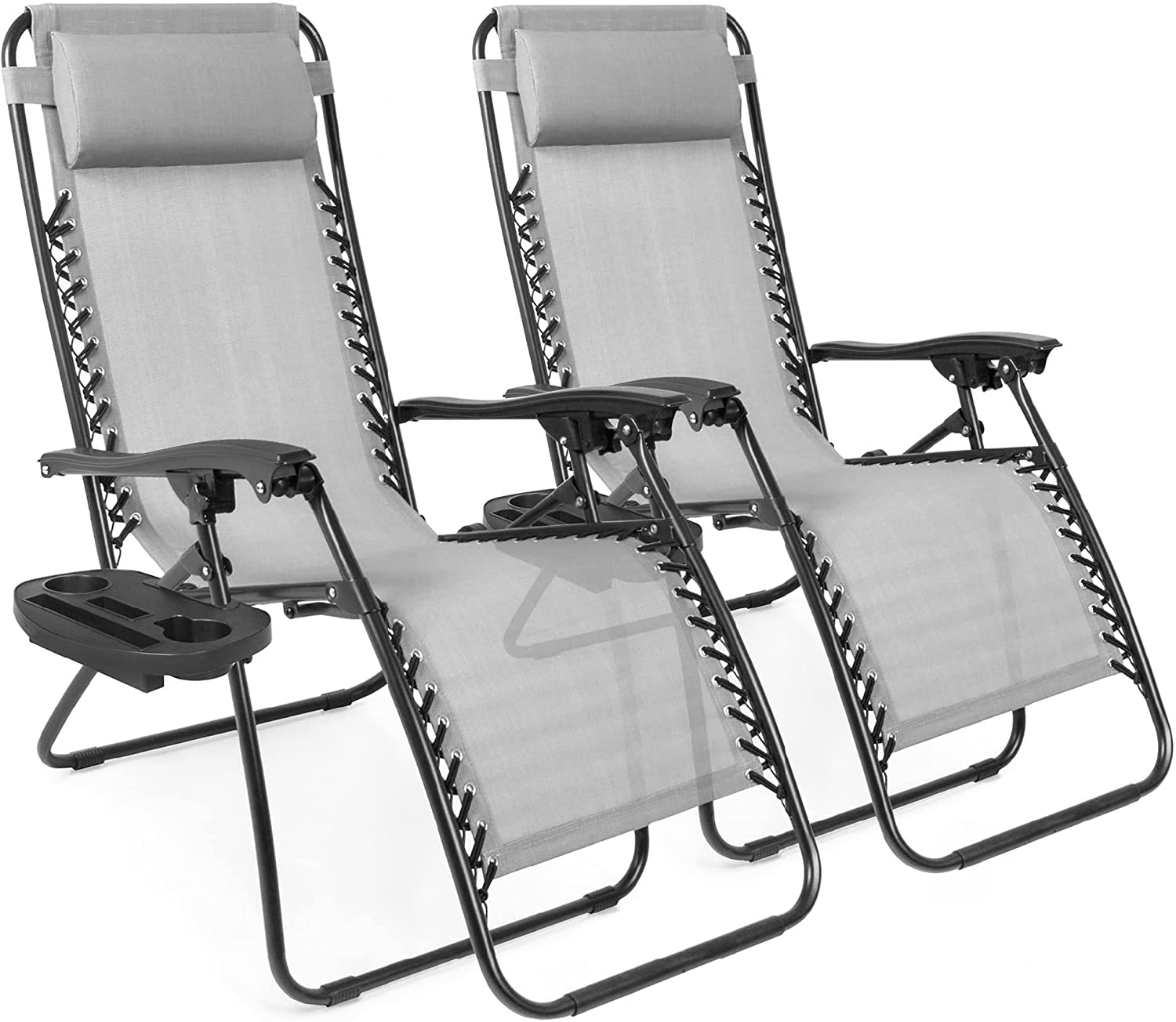Ensemble de 2 fauteuils inclinables zéro gravité réglables en maille d'acier avec coussins et porte-gobelets