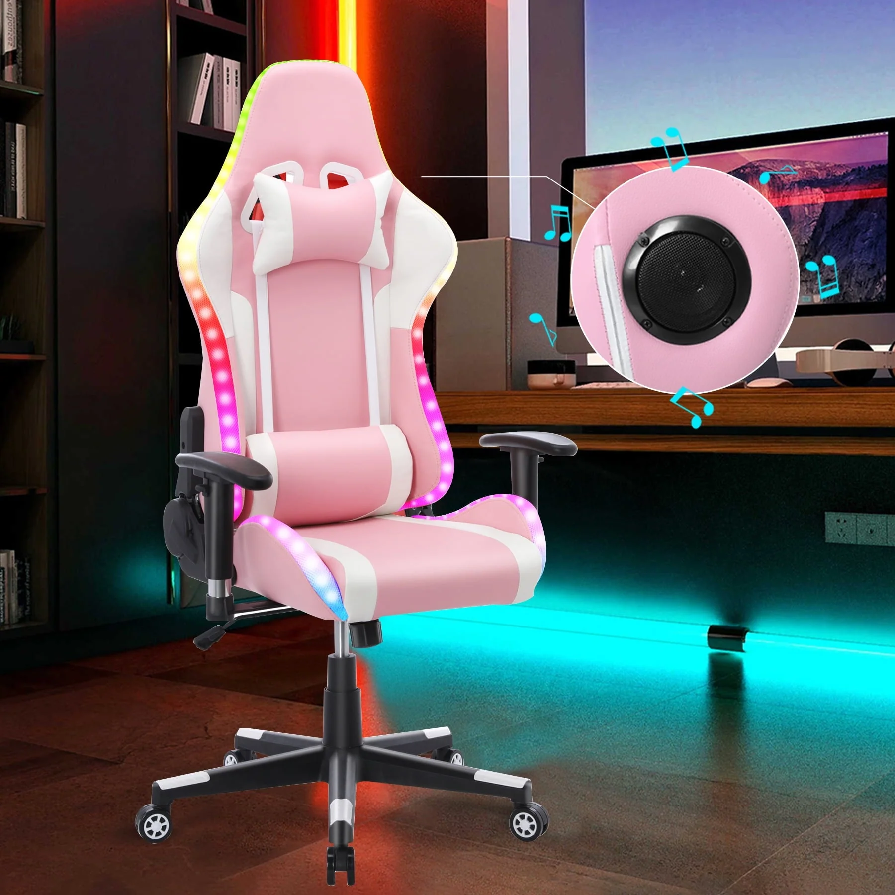 Gaming Chair with Speakers Video and RGB LED Lights, Pink PU Leather Ergonomic Racing Office Chair(Blue) Image 2