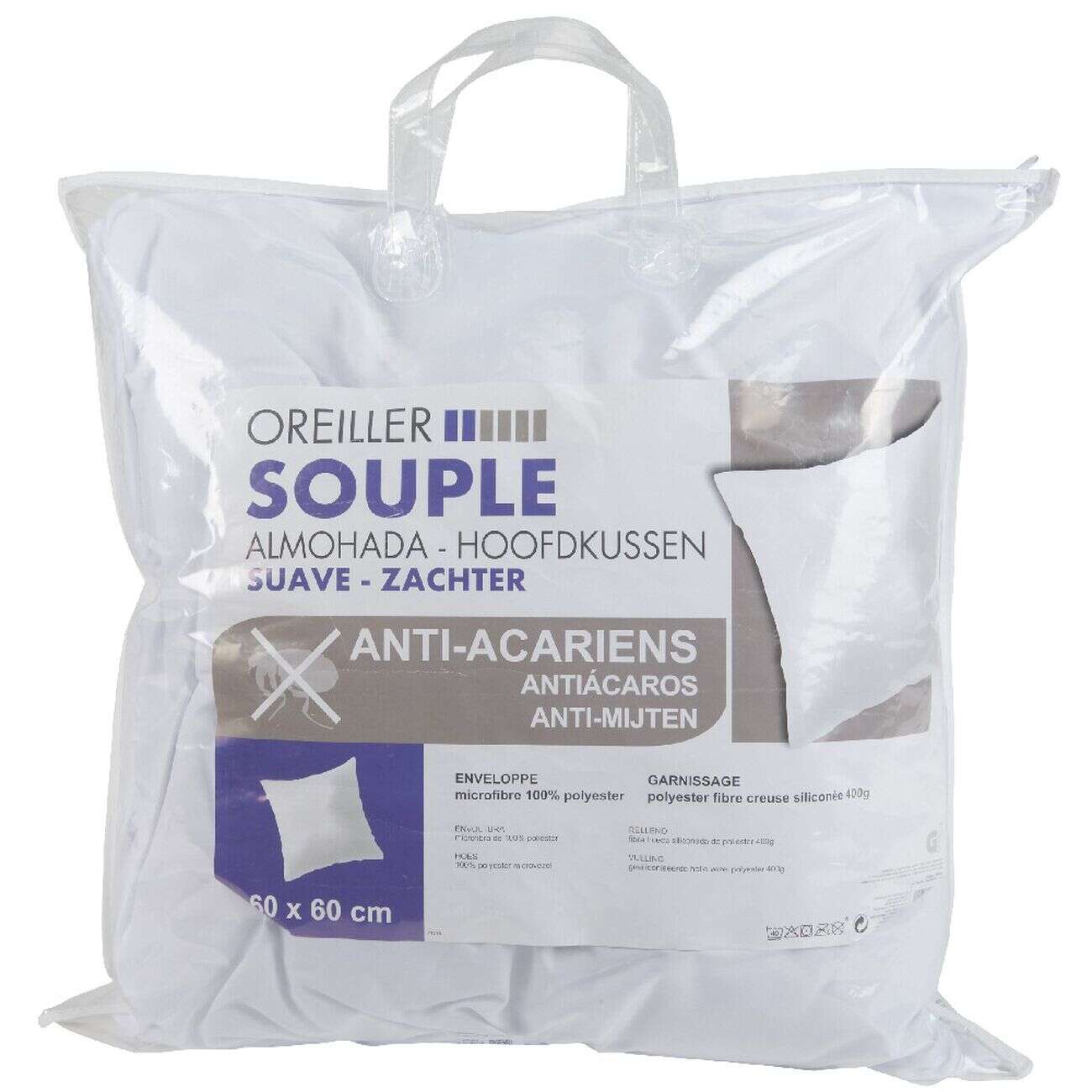 Oreiller souple blanc carré anti acariens