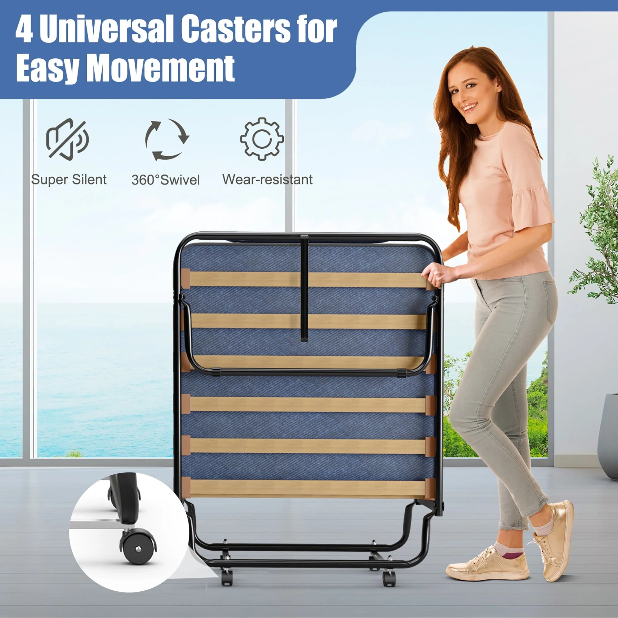 Costway Portable Folding Bed with Memory Foam Mattress Rollaway Cot Navy Made in Italy Image 7