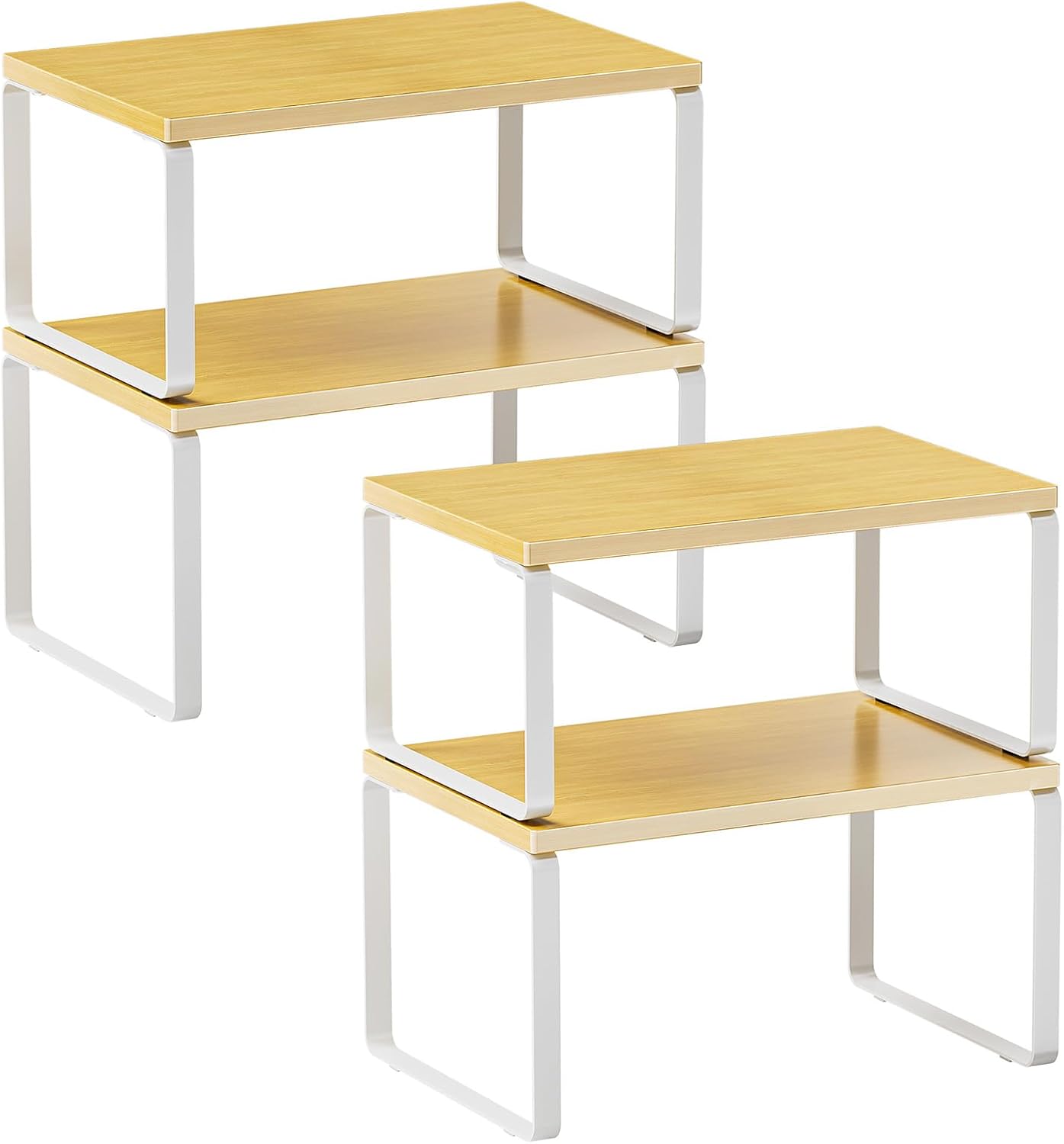 LAMU Cabinet Organizer Shelf, Set of 4 Expandable Kitchen Counter Shelve Plate Organizer for Cabinets, Stackable Spice Rack, Cupboard Organizers and Storage, Wood