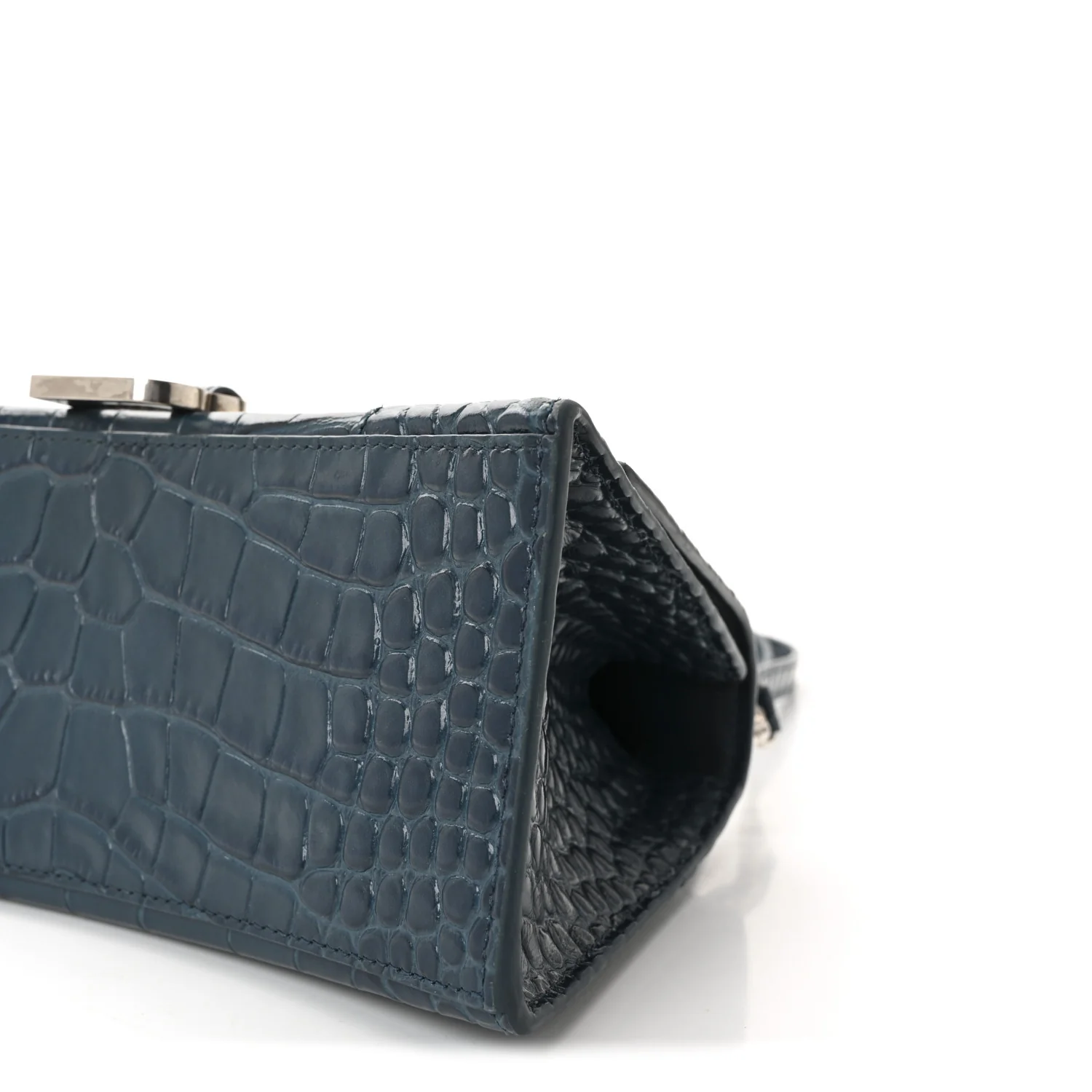 Shiny Calfskin Crocodile Embossed Small Hourglass Top Handle Bag Dark Petrol Blue