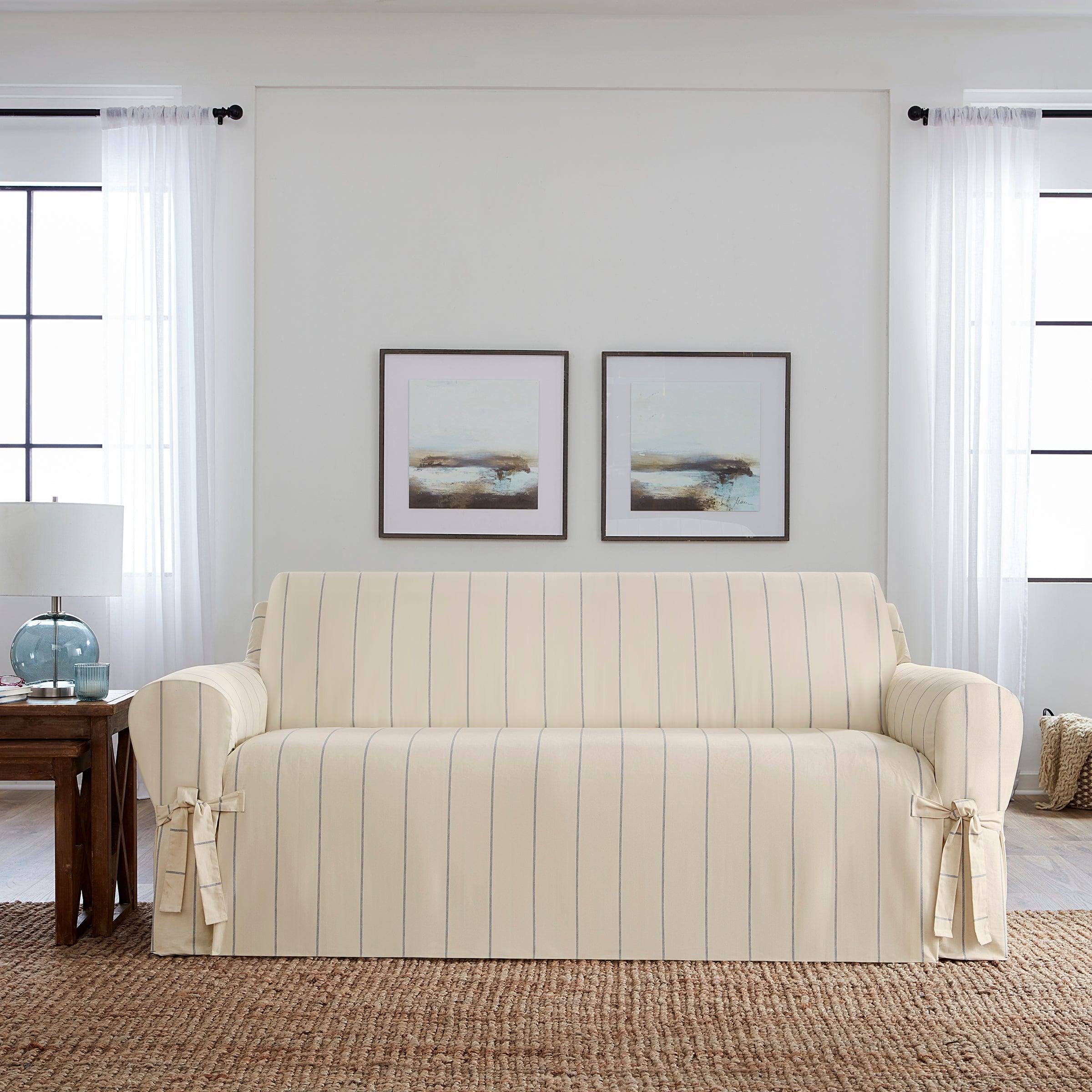 Box Cushion Sofa Slipcover Sure Fit Fabric: Natural/Blue Striped, Size: 40