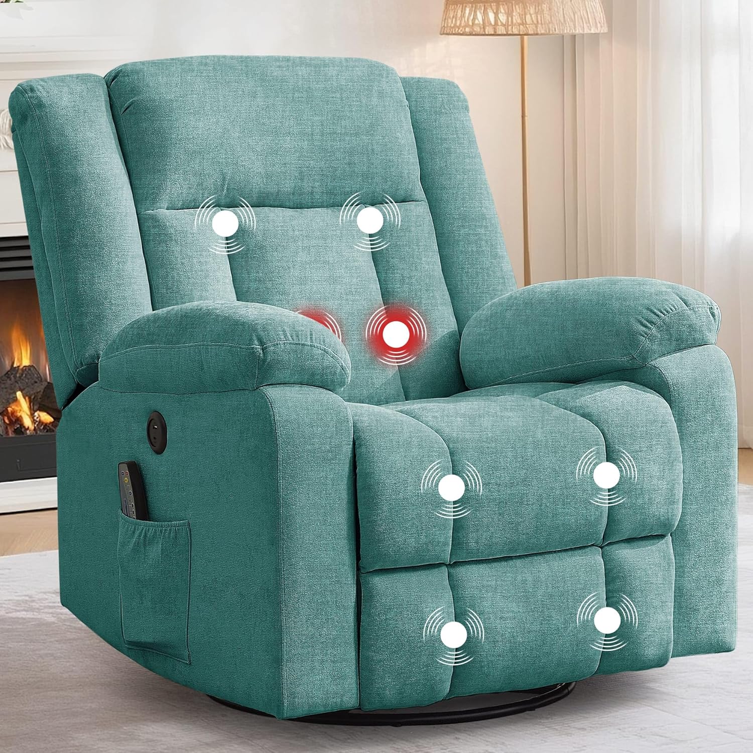 Fauteuil inclinable à bascule pivotant à 360° pour adultes, avec fonction massage et chauffage, idéal pour la chambre d'enfant, le salon, la chambre ou la chambre de bébé. Ce fauteuil pivotant offre un espace de rangement et un port USB pour recharge