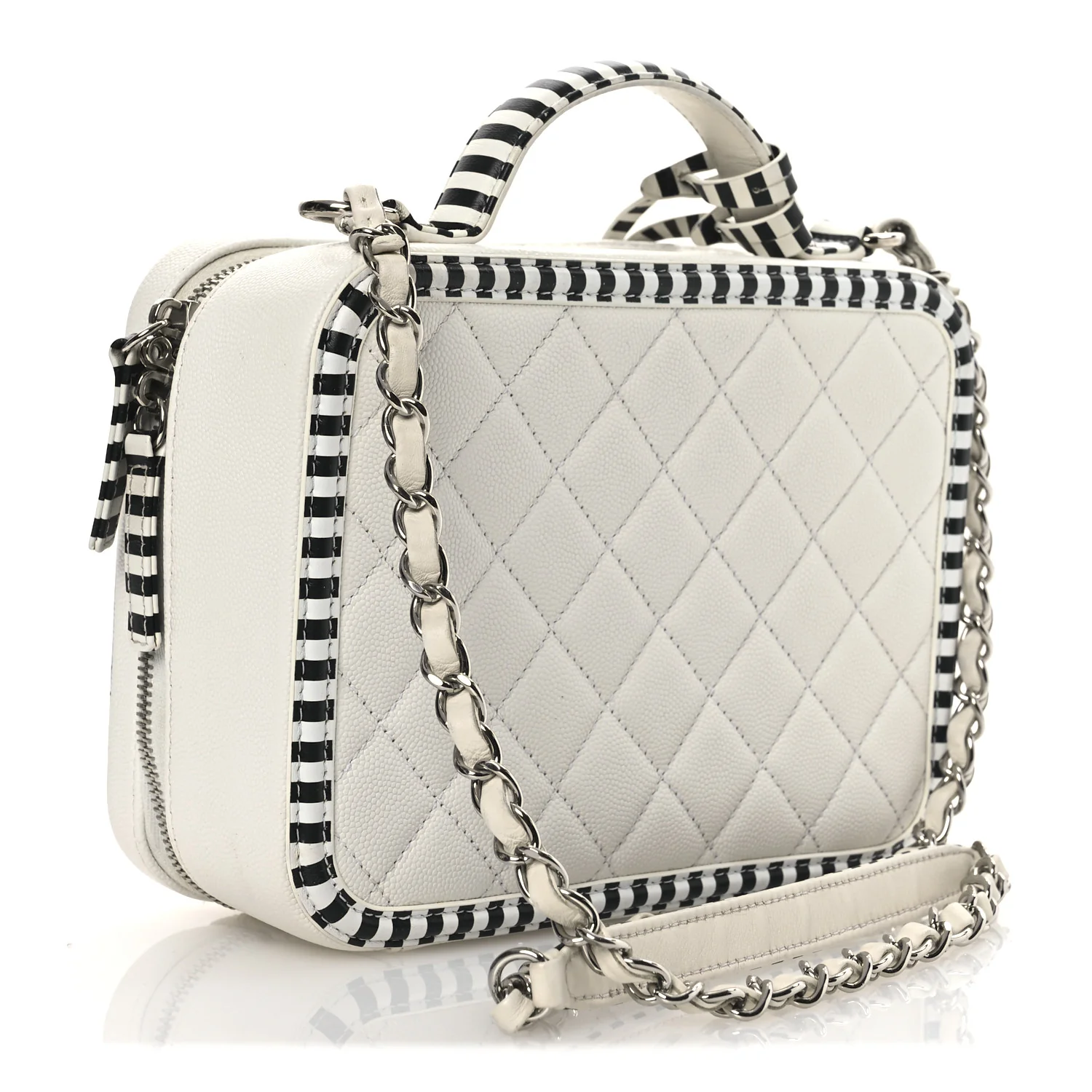 Caviar Quilted Striped Medium CC Filigree Vanity Case White Black