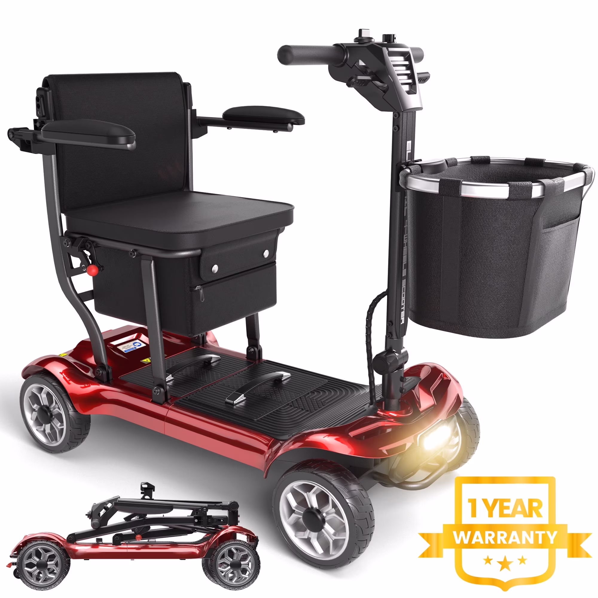 Light Weight 4 Wheels Mobility Scooter for Seniors, Electric Folding Wheelchair Device for Travel, Black(Black with 1 Battery) - Image 7