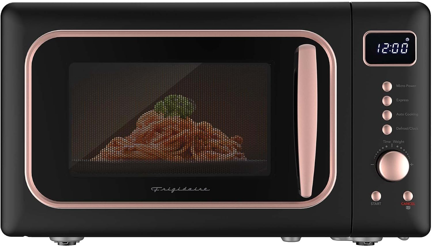 Frigidaire, 0.7 CuFt. Retro Countertop Microwave Oven, 700W Compact Microwave with 8 Auto Cook Menus, Auto Defrost, 5 Power Levels, LED Display, Glass Turntable, Black Gold