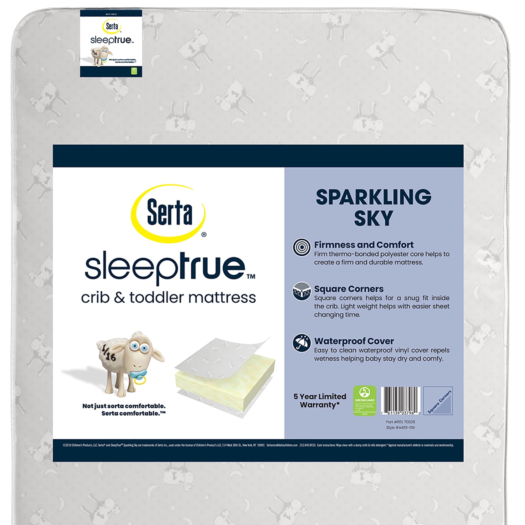 SleepTrue Sparkling Sky 5 Dual-Sided Crib & Toddler Mattress - Sustainably Sourced Fiber Core - Waterproof - Lightweight - GREENGUARD Gold Certified - 5 Year Warranty