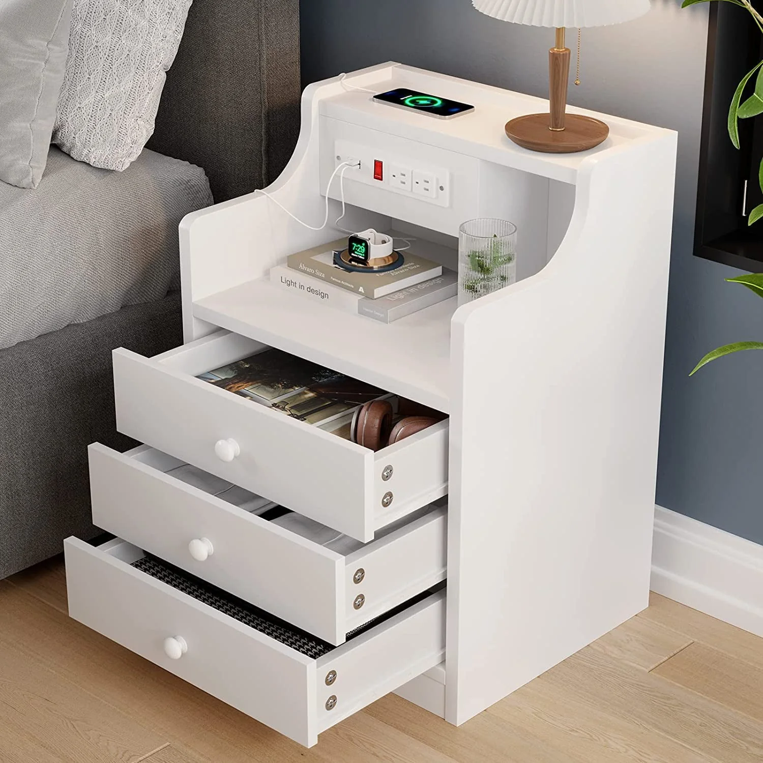 ADORNEVE Nightstand with Charging Station and 3 Storage Drawers, White(1PCS/Black) Image 3