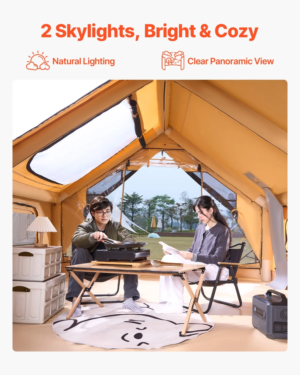 VEVOR Inflatable Tents for Camping, 5 - 8 Person Easy Setup Blow up Tent with Hand Pump, Luxury Glamping Tent with 2 Skylights, Canopy, Stove Jack 2 Doors & Mesh Windows (Storage Bag Included)