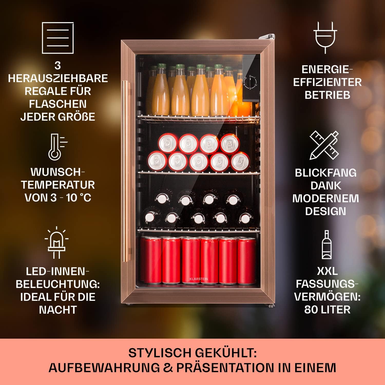 Klarstein Mini Koelkast met Glazen Deur voor Kamer, Drankenkoelkast met Verstelbare Planken, Klein 80 Liter, Indoor/Outdoor Koelkast Stil