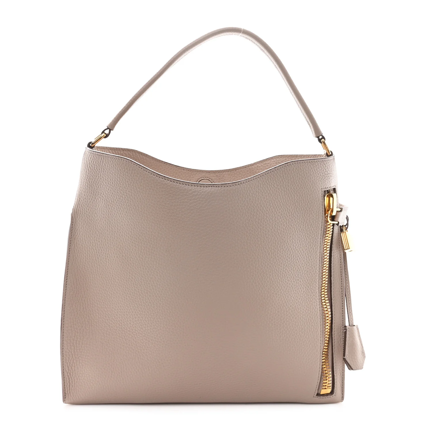Pebbled Calfskin Small Alix Padlock Zip Hobo Bag Beige