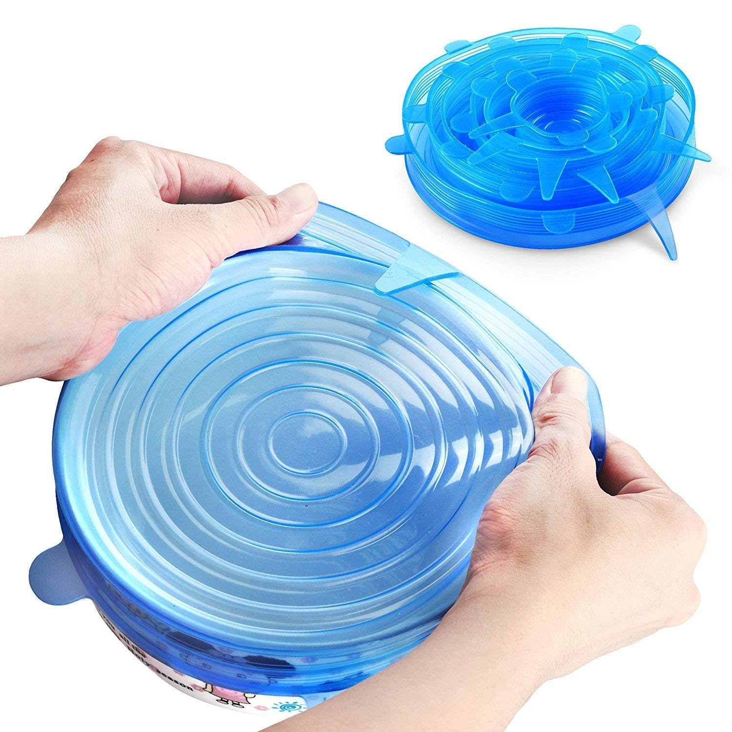 BHSELLY Silicone Stretch Lids, Durable & Eco-Friendly Elastic Lids Reusable Heat Resistant Various Sizes Cover for Bowl - 6 Pack (Blue)