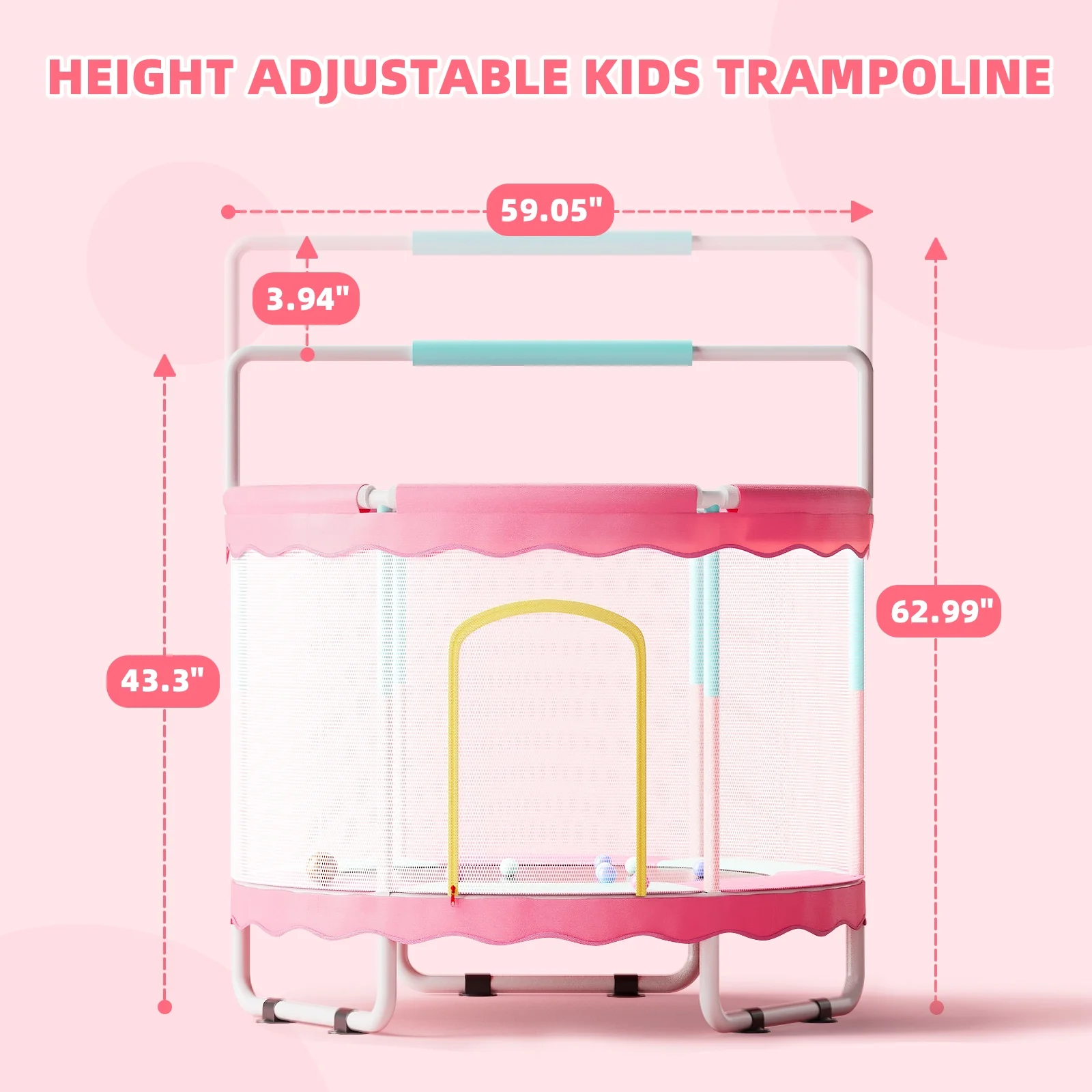 60" Toddler Trampoline Mini Trampoline for Kids with Enclosure Net 5FT Mini Trampoline with Swing Sandbag Basketball Hoop for Kids, Boys Girls,440Lbs Pink(Pink) - Image 9