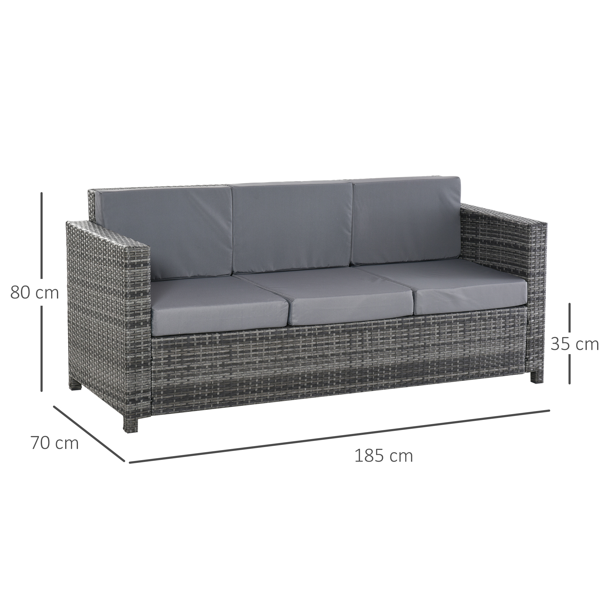 Outsunny Poly-rotan bank met kussens 3-zits loungebank tuin metaal polyester grijs