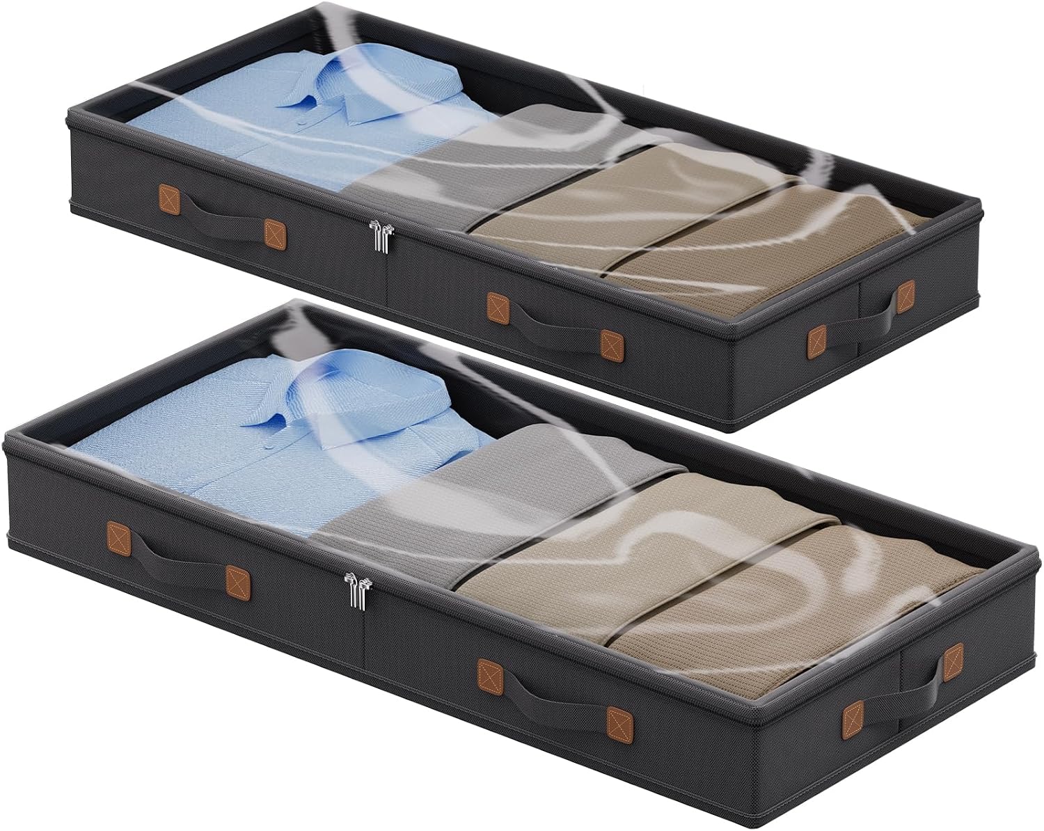 FHSQX Under Bed Storage Container 2Pack 3 Inches Low Profile Under-bed Organizer Bins Slim Under Couch Storage Box Ideal For Seasonal Clothes Blankets Towel Fabric (2, Black, 31.5 * 17 * 3in)