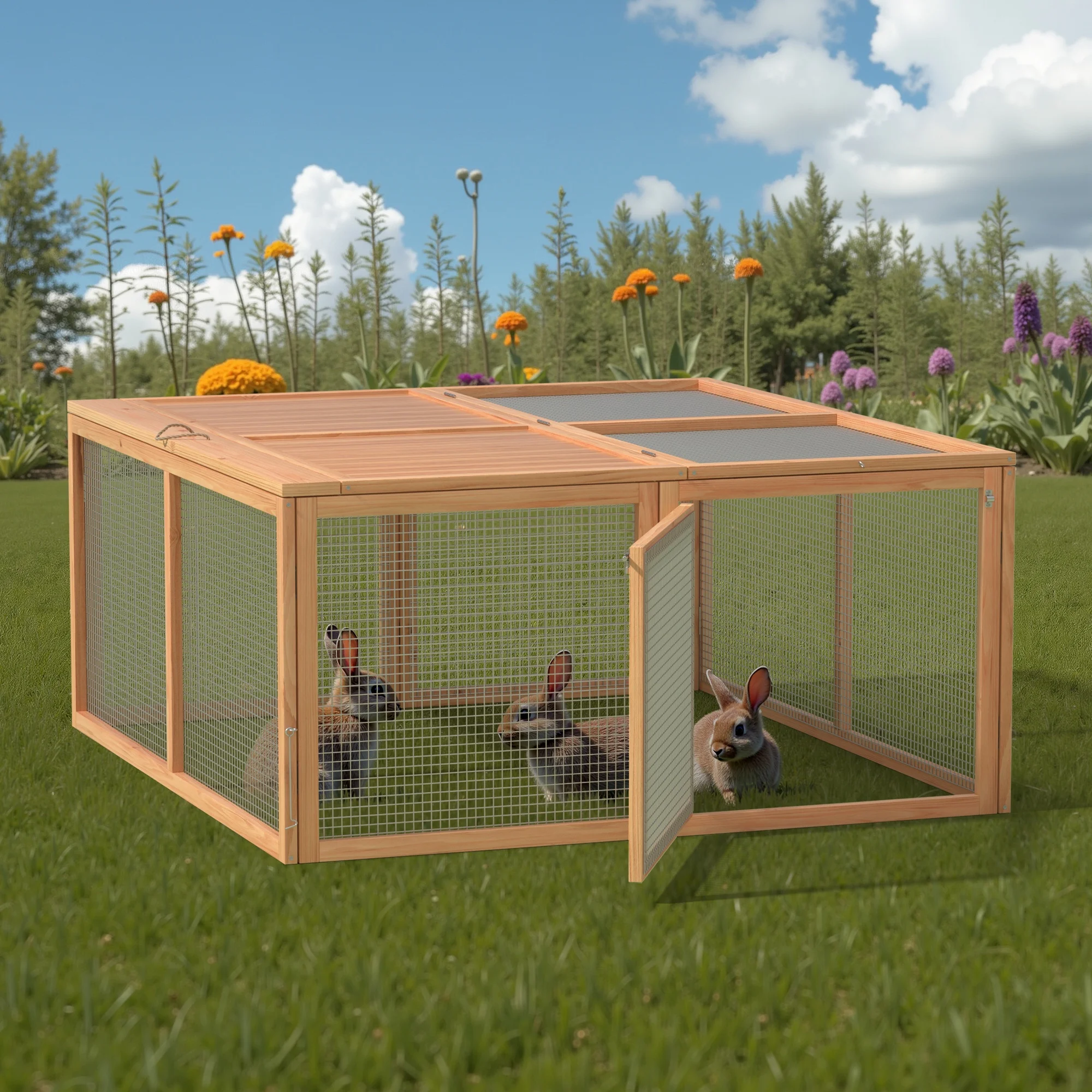 Portable Chicken Coop Run Rabbit Hutch Outdoor Small Animal Cage House Wooden Poultry Enclosure for Bunny, Duck, Chick, Quail, No Assembly Required(Yellow) - Image 2