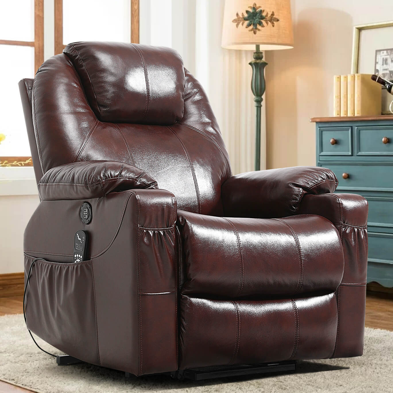Fauteuil releveur électrique 3 positions avec repose-talon et massage, revêtement en cuir véritable