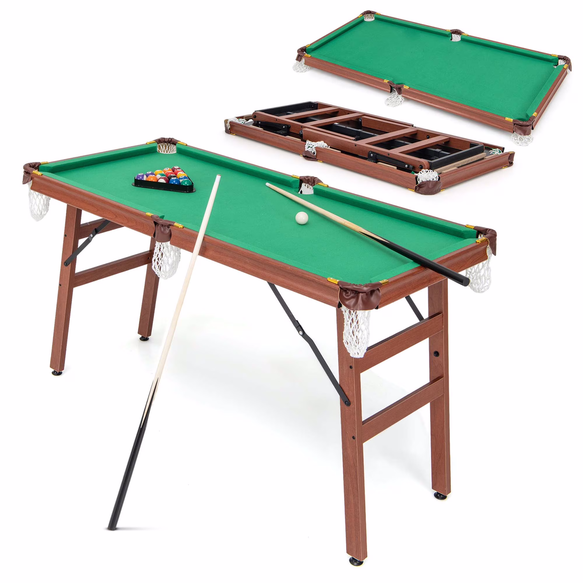 Folding Pool Table Set with Foldable Legs Adjustable Foot Levelers 2 Cues 2 Chalks