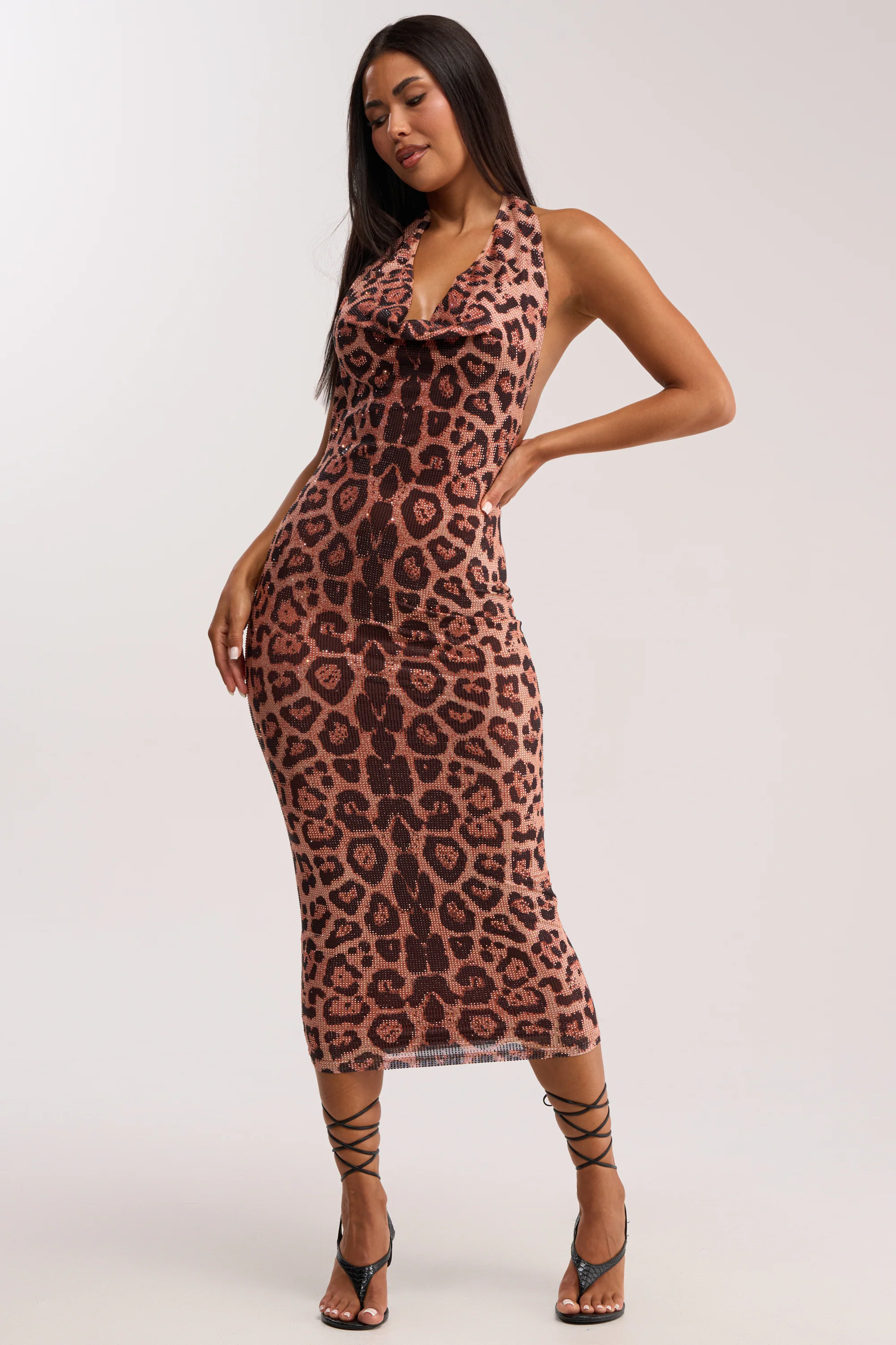 POPPIN' BOTTLES RHINESTONE MAXI DRESS IN LEOPARD - Akira Store