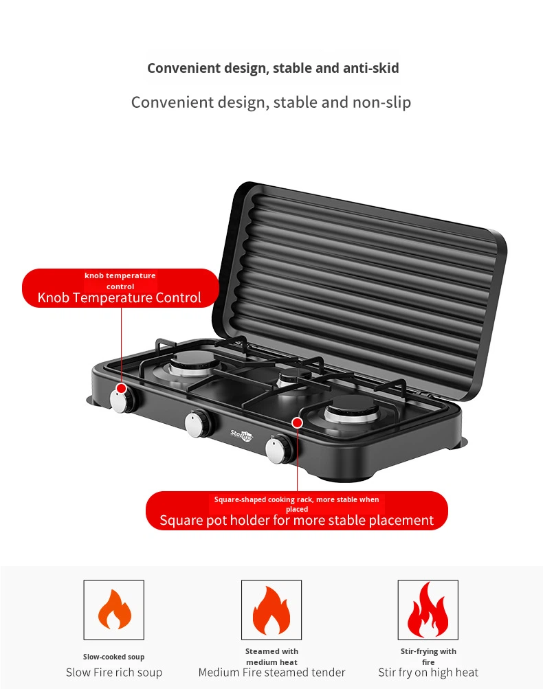 3 Burners Portable Gas Stove with Large Griddle Plate Foldable Outdoor Camping Cooker for RV Backyard Picnic BBQ