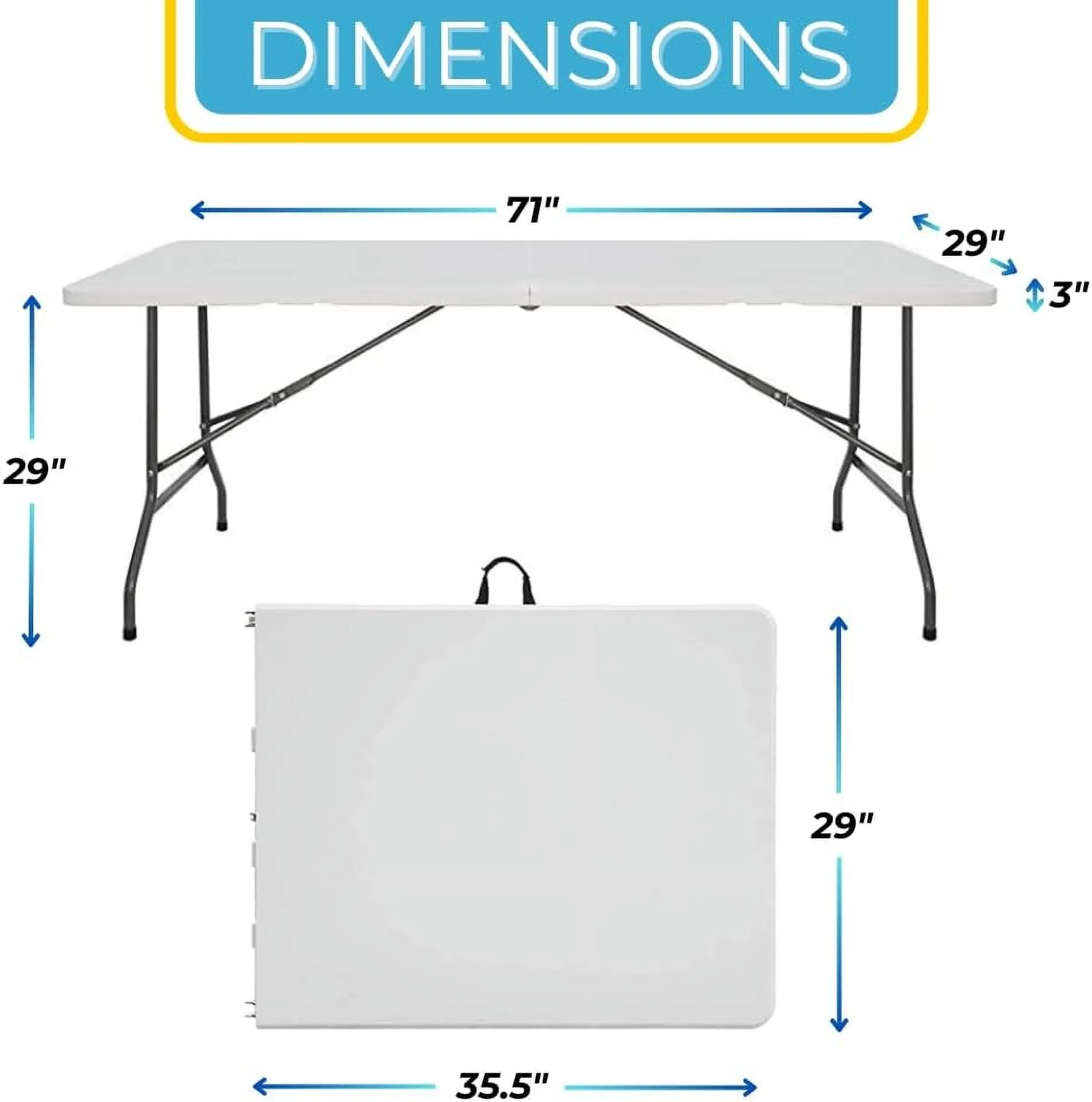 Ezone 6ft Indoor Outdoor Heavy Duty Portable Folding Plastic Dining Table W/Handle, Lock for Picnic, Party, Camping - White (6 Ft)