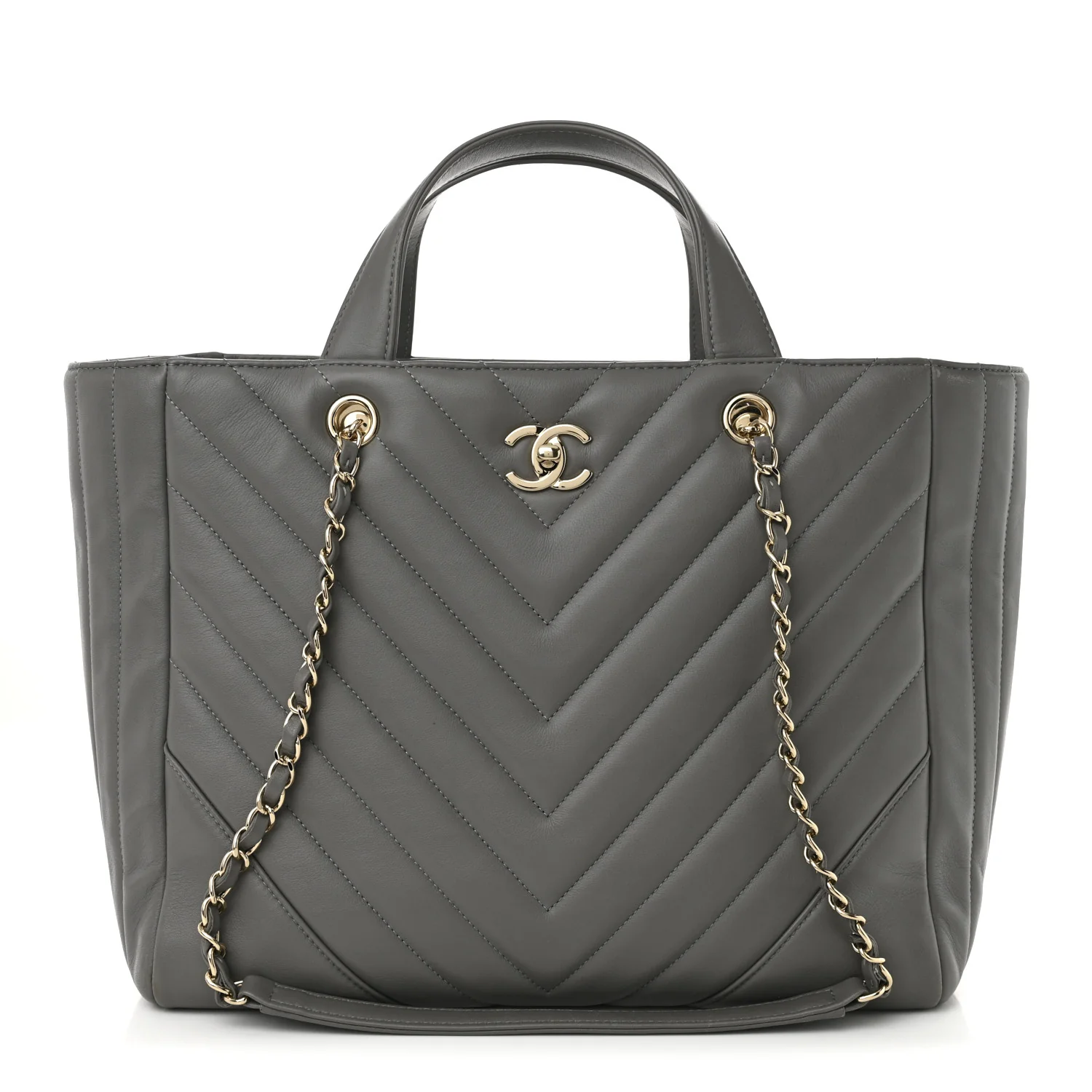 Calfskin Chevron Quilted Statement Shopping Tote Grey