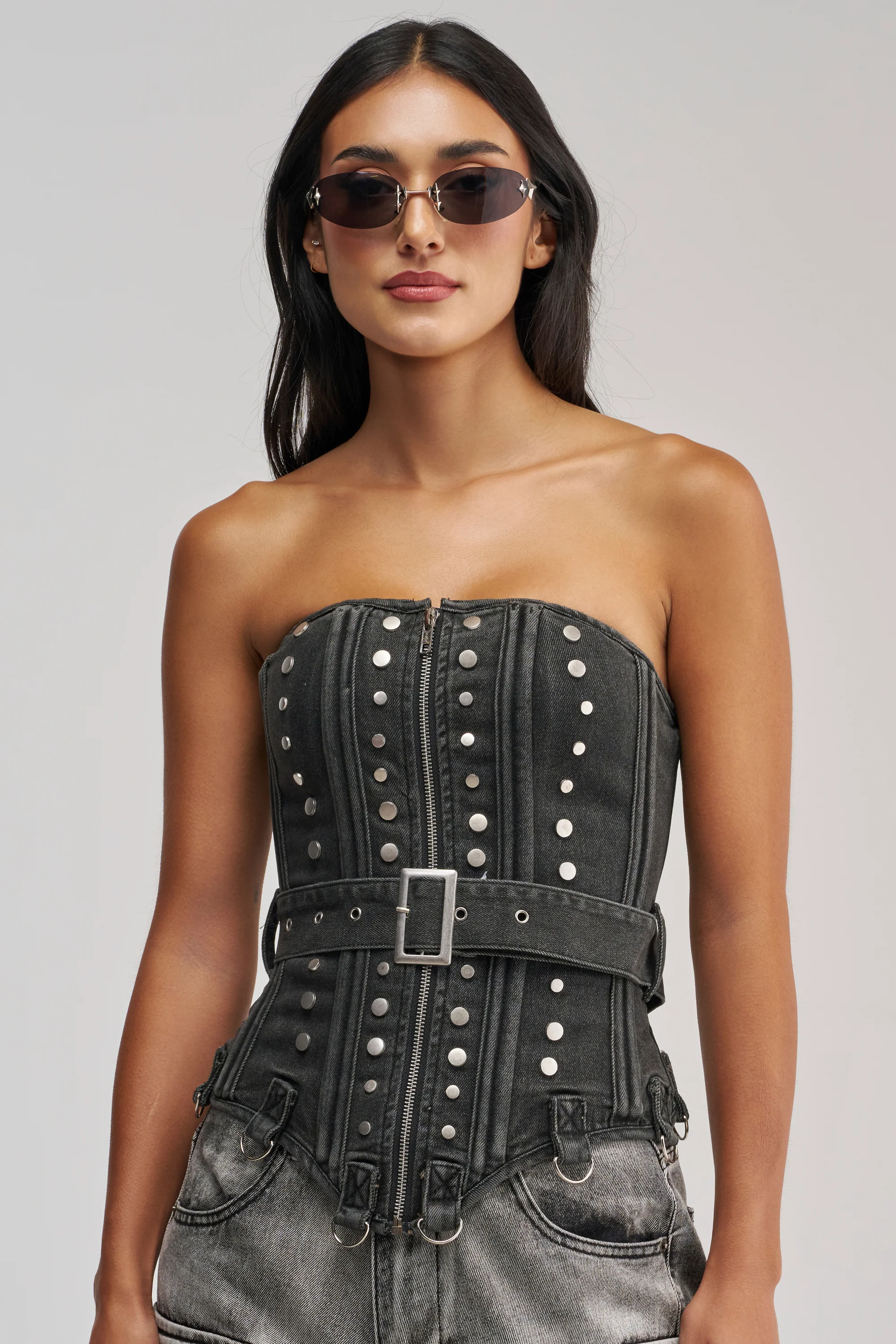 PERK UP STUDDED CORSET IN DENIM - Akira Store