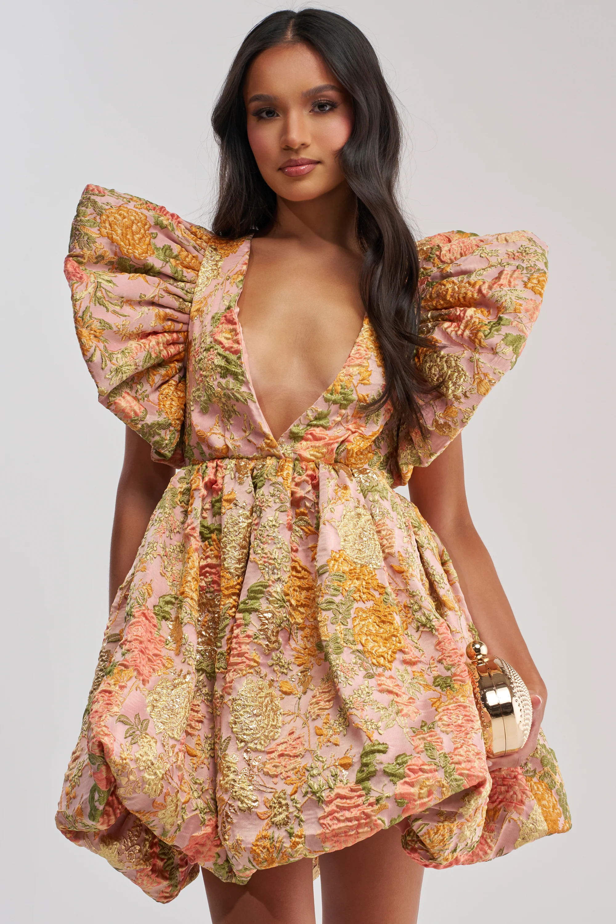 MAIN CHARACTER ENERGY BROCADE MINI DRESS IN PEACH - Akira Store