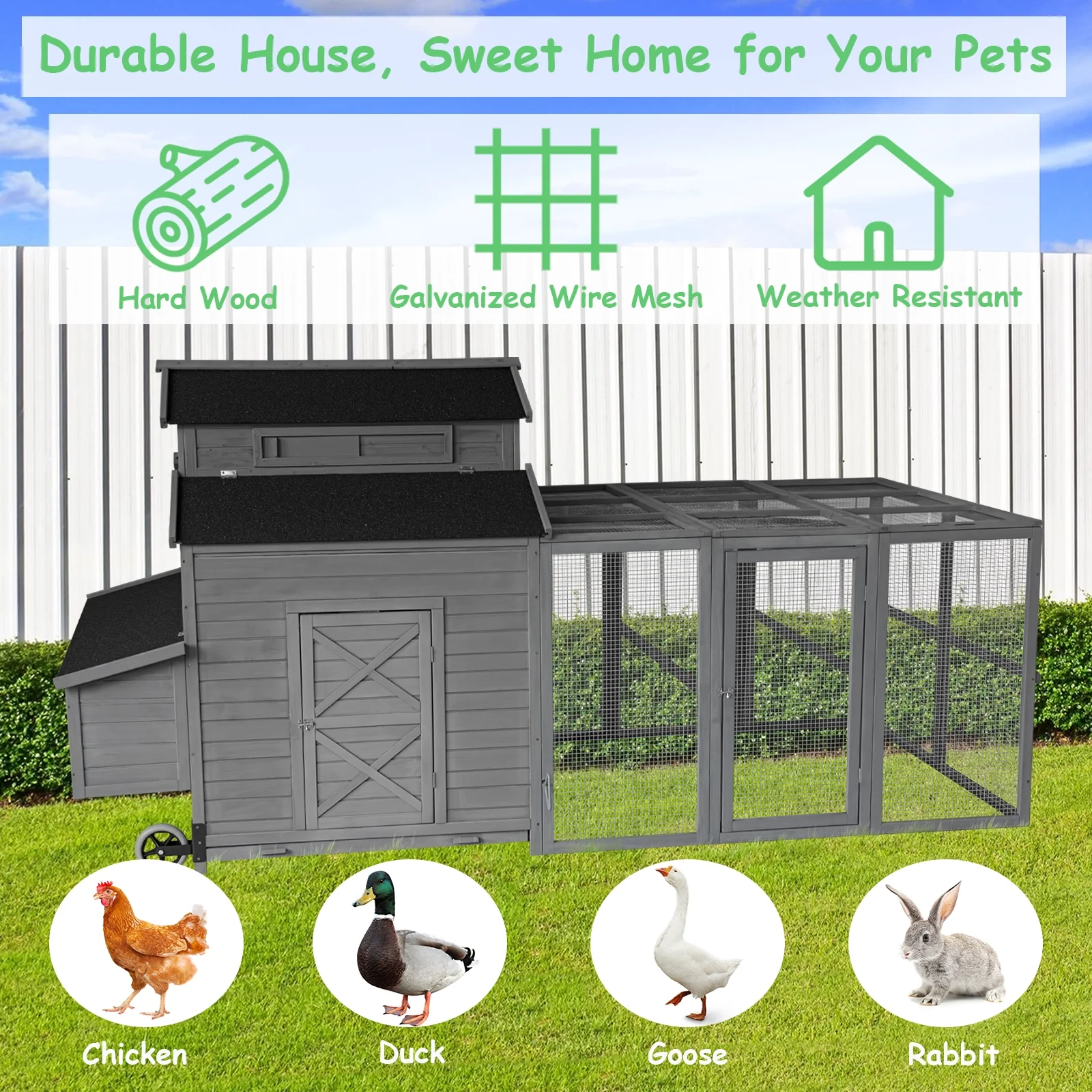 Chicken Coop for 6-10 Chickens, 112" Large Chicken Coops, with Chicken Run Nesting Box Secure Enclosure, Outdoor Wooden Hen House Hutch for Rabbit, Poultry Pet, Duck(Gray) - Image 7