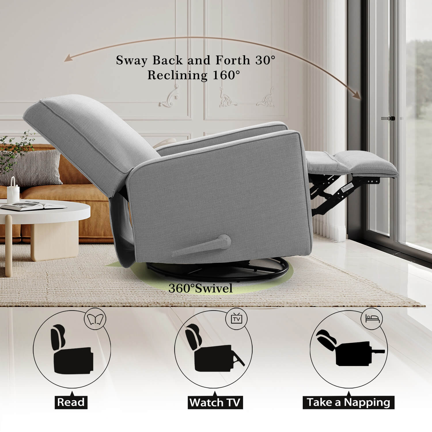 Fauteuil inclinable manuel à bascule pivotant pour chambre d'enfant, en tissu