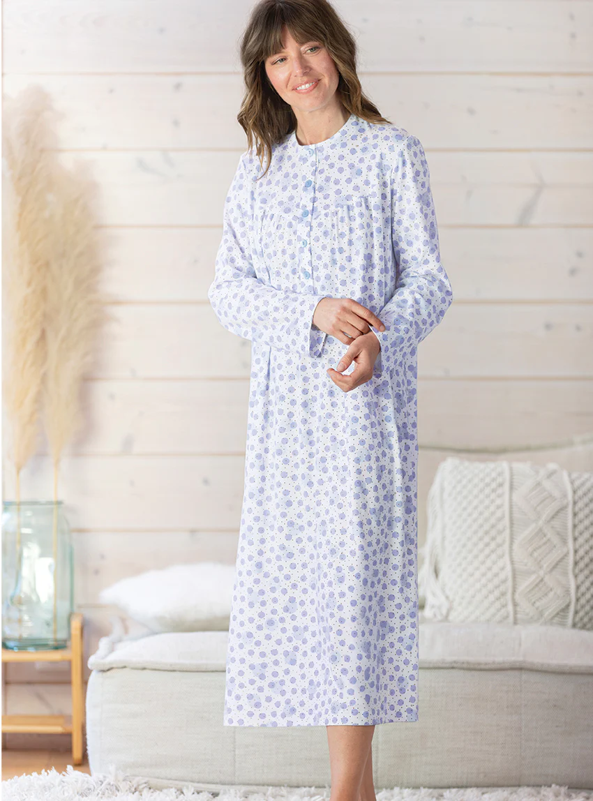 Chemise de nuit femme imprimée en coton pois bleus