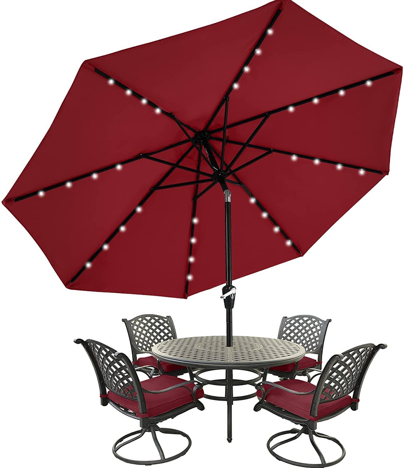 MASTERCANOPY Patio Umbrella with 32 Solar LED Lights -8 Ribs (9ft,Burgundy)