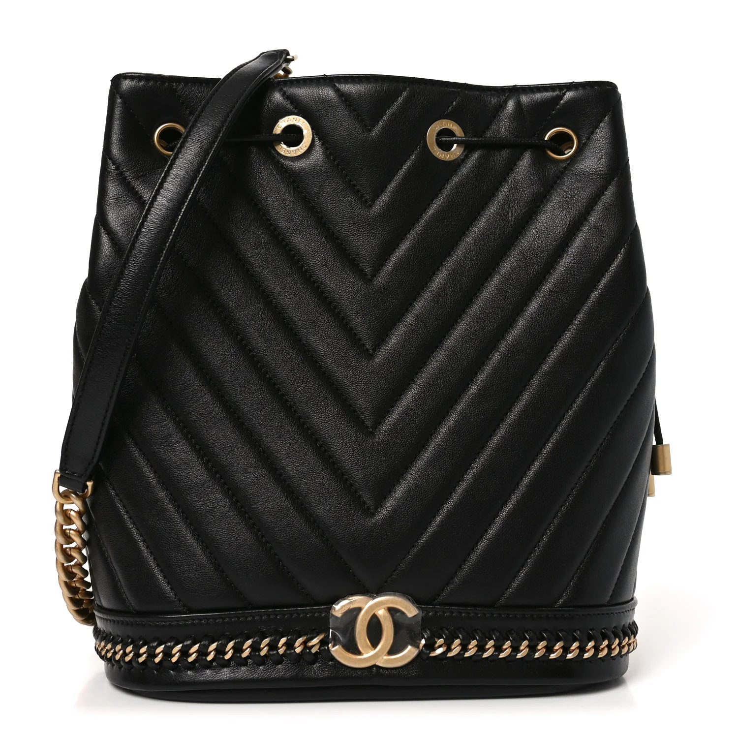 Sheepskin Chevron Quilted Drawstring Bag Black