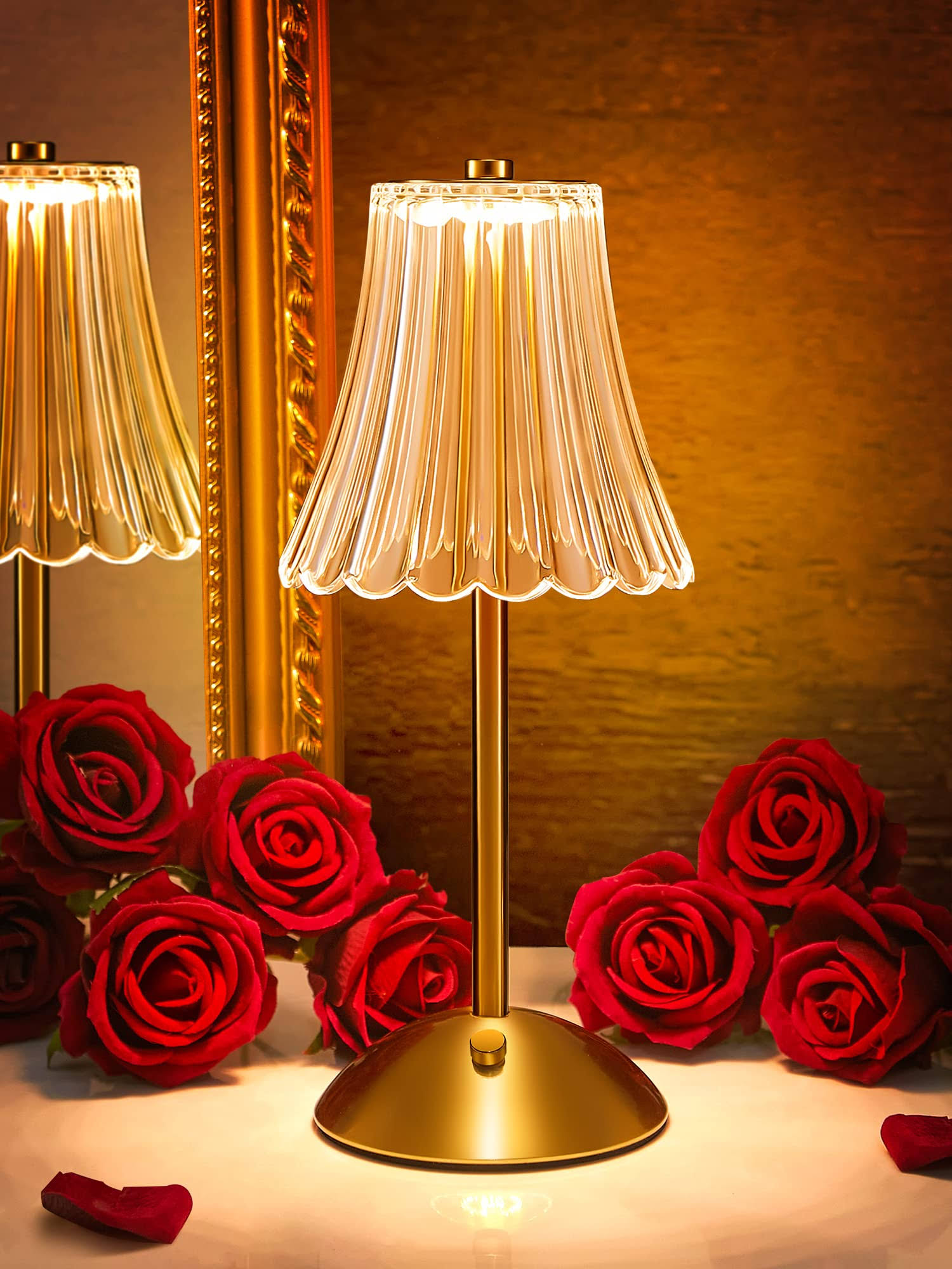 Vintage Lamp Flower Lamp, 3 Colors Nightstand Lamp Bedside Lamp, Battery Operated Lamp Cordless Lamp, Dimmable Bedside Lamps, Cordless Table Lamp